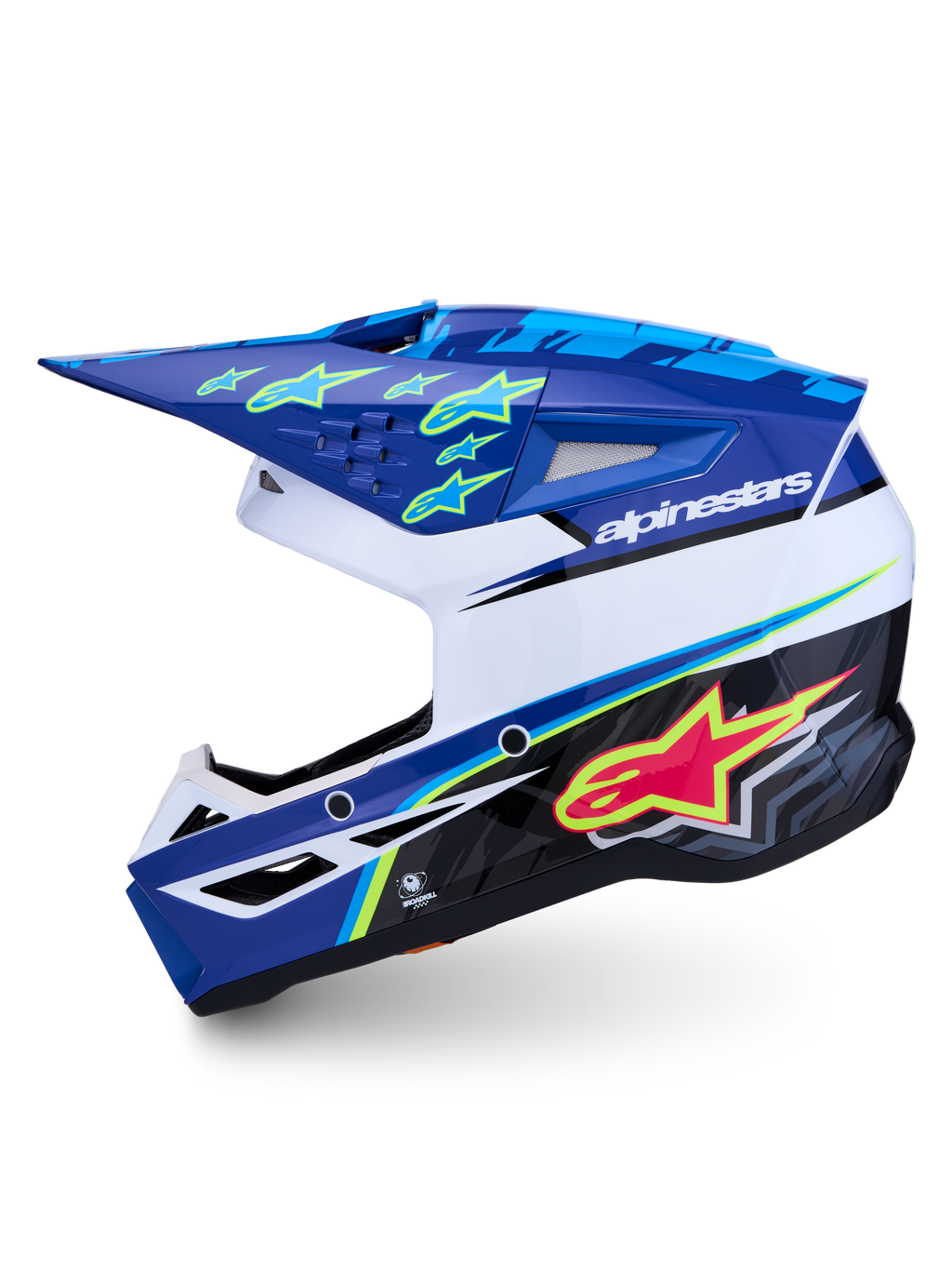 Alpinestars SM3 Helm Falcon ECE06, Motocrosshelm, Blau und Weiß, glänzend mit pinken und fluo-gelben Grafiken.
