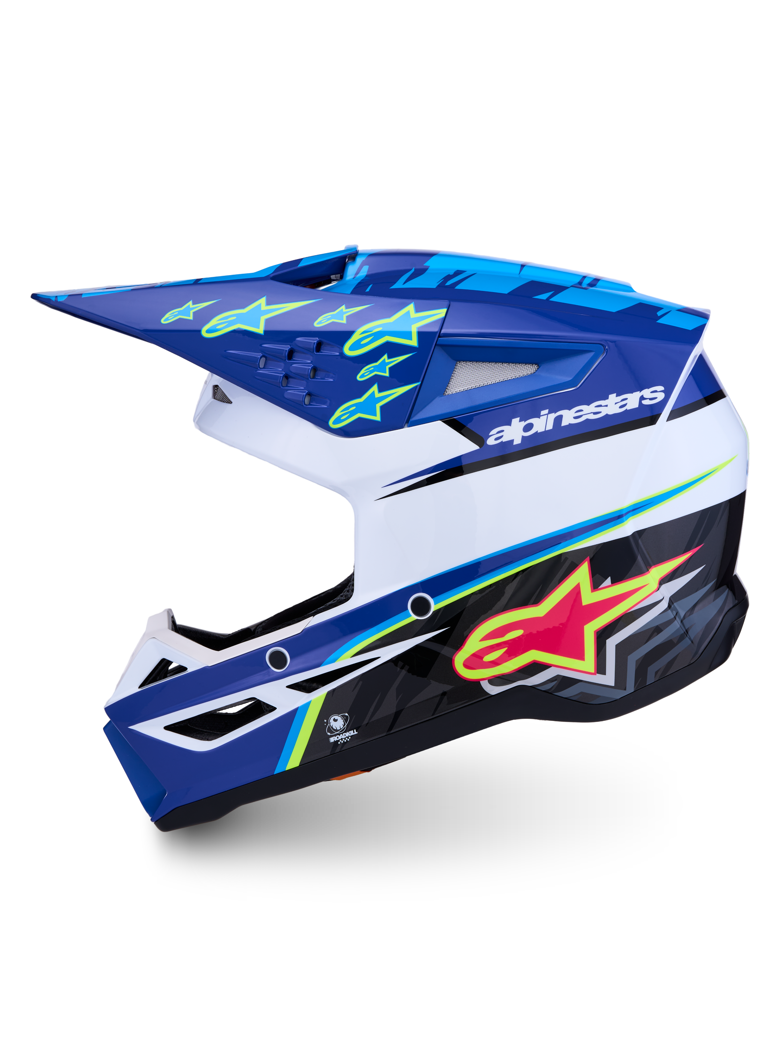 Alpinestars SM3 Helm Falcon ECE06, Motocrosshelm, Blau und Weiß, glänzend mit pinken und fluo-gelben Grafiken.