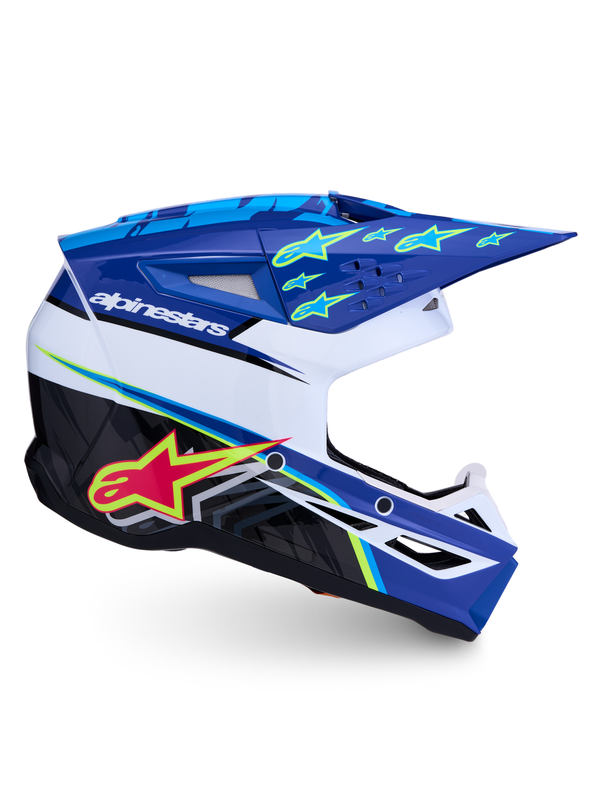 Alpinestars SM3 Helm Falcon ECE06, Motocross-Helm, Blau und Weiß, Sternengrafiken, Belüftung, ECE 2206-zertifiziert.