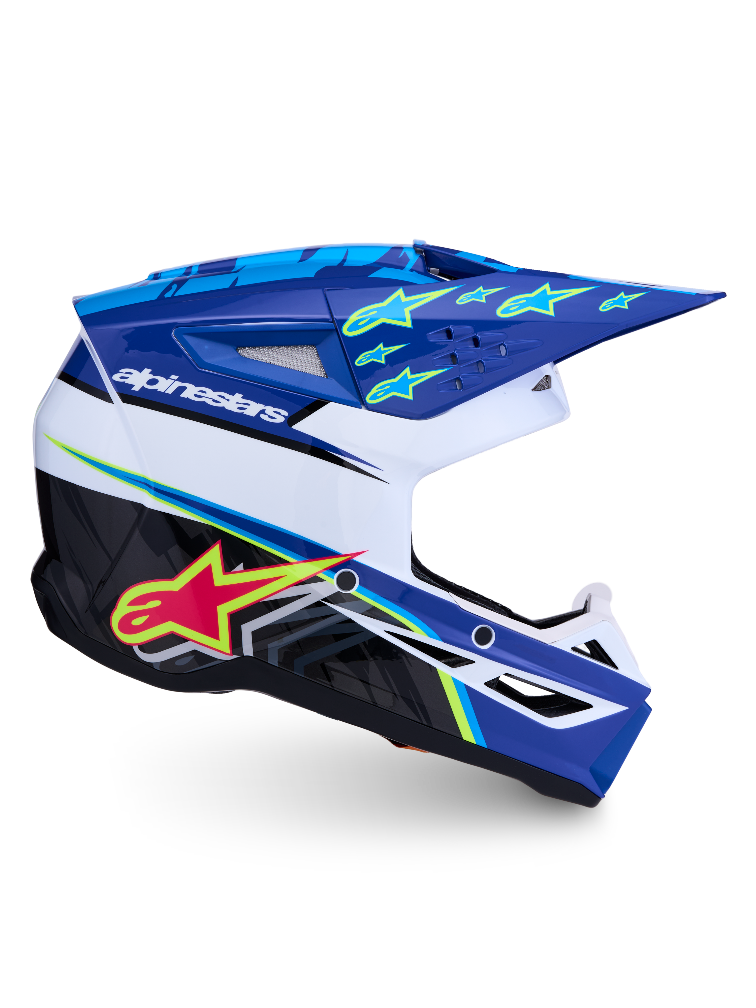 Alpinestars SM3 Helm Falcon ECE06, Motocross-Helm, Blau und Weiß, Sternengrafiken, Belüftung, ECE 2206-zertifiziert.