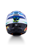 Alpinestars SM3 Falcon Helm ECE06, Motocross-Helm in Blau und Weiß, Rückansicht mit boxender Vogel-Grafik, ECE 22.06 zertifiziert, ideal für Offroad-Einsätze.