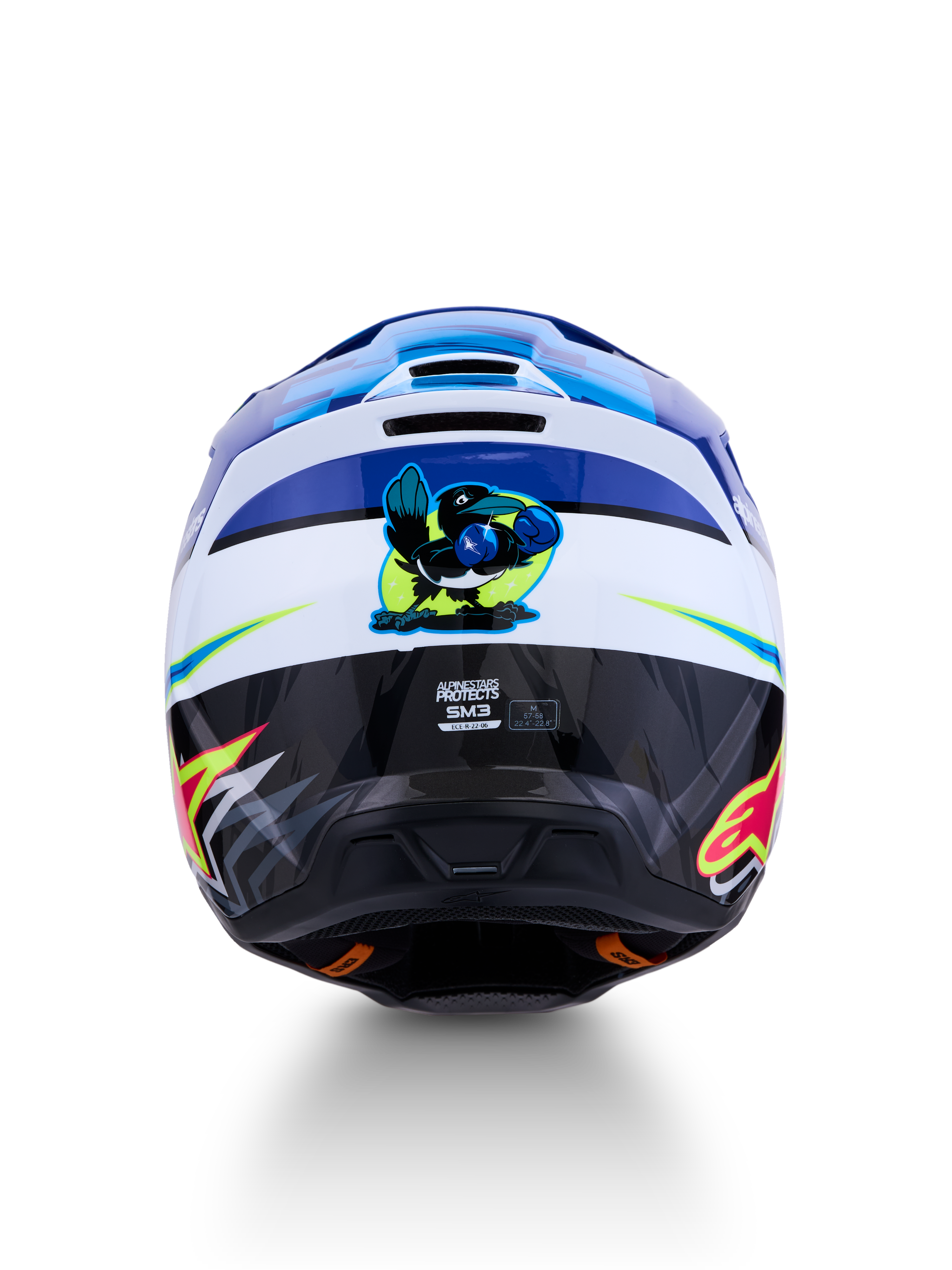 Alpinestars SM3 Falcon Helm ECE06, Motocross-Helm in Blau und Weiß, Rückansicht mit boxender Vogel-Grafik, ECE 22.06 zertifiziert, ideal für Offroad-Einsätze.