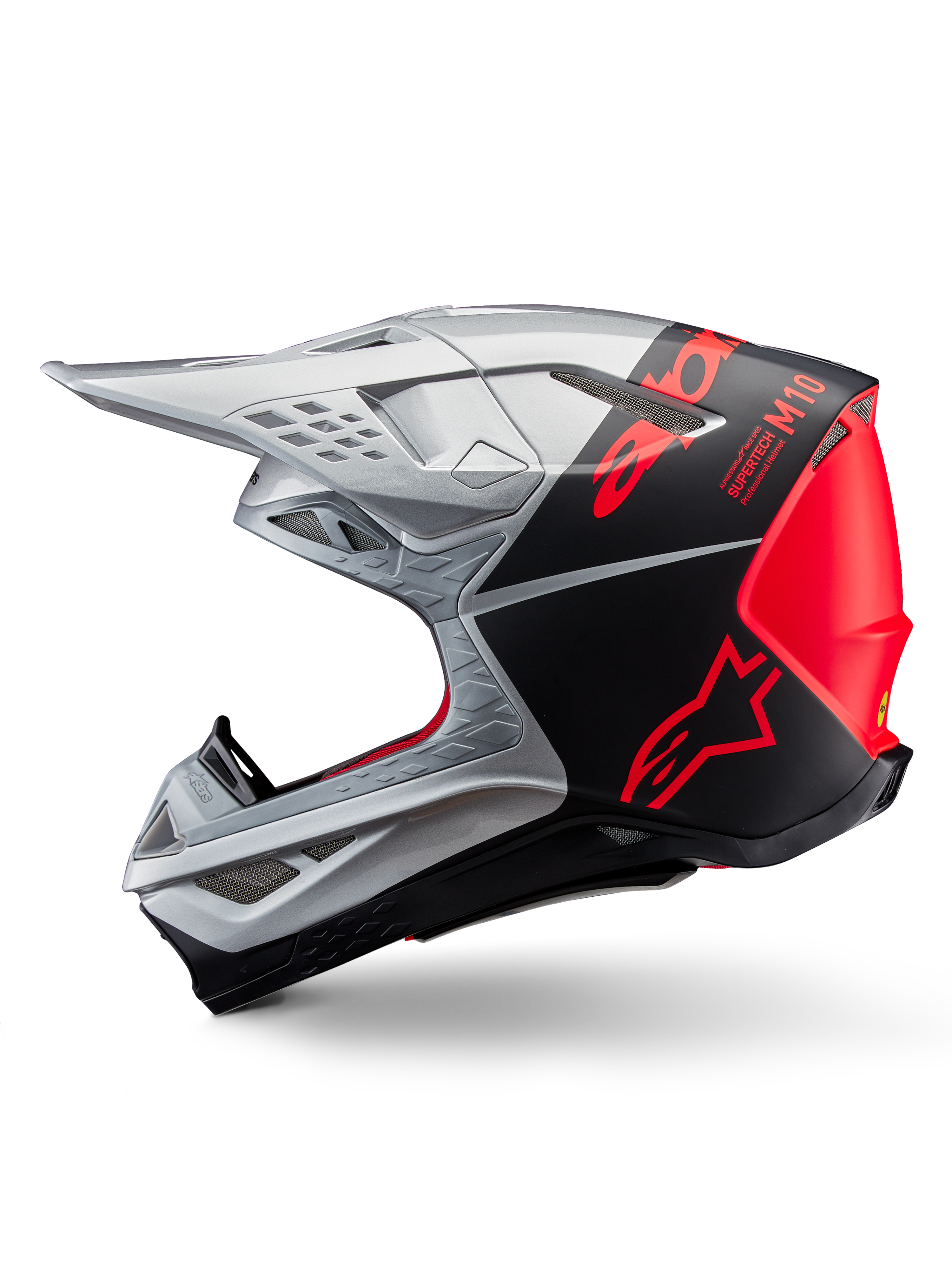 Alpinestars Supertech M10 Flood Helmet, Motocross Helmet, Silver and Black with Fluorescent Orange accents, side profile, sleek aerodynamic design with ventilation ports, matte and glossy finish, professional off-road racing protection