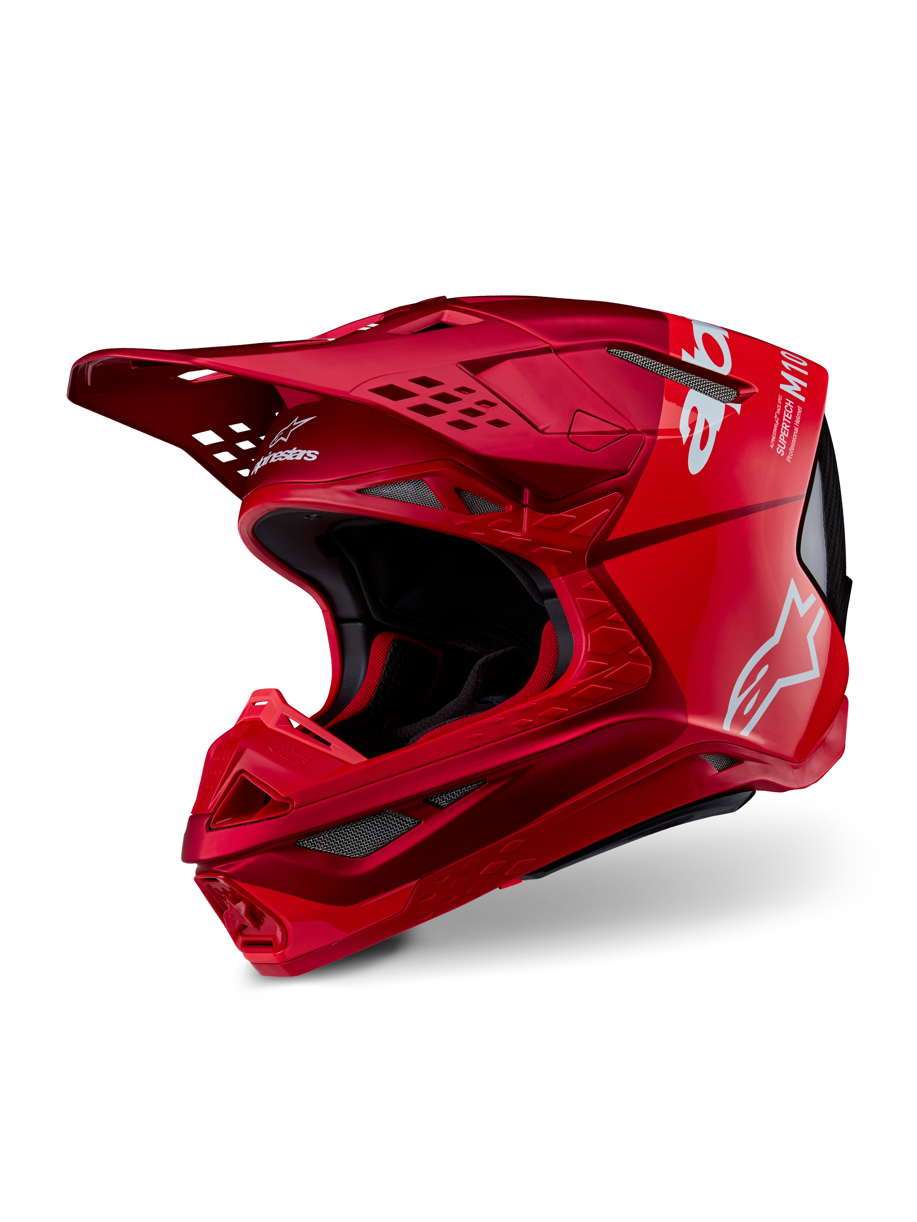 Alpinestars Supertech M10 Flood Helm, Motocross-Helm, Rot und Fluo-Rot in Matt und Glänzend, mit weißen Alpinestars-Logos, aerodynamisches Profil mit mehreren Belüftungsöffnungen, leichte Carbon-Verbundschale für Offroad-Rennen