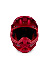 Alpinestars Supertech M10 Flood Helm, Motocross-Helm, Red Fluo und Red Matt/Glänzend, Vorderansicht mit aerodynamischem Profil und mehreren Belüftungsöffnungen, Alpinestars-Logo auf der Stirn und rotes Innenfutter, professionelle Offroad-Rennausrüstung