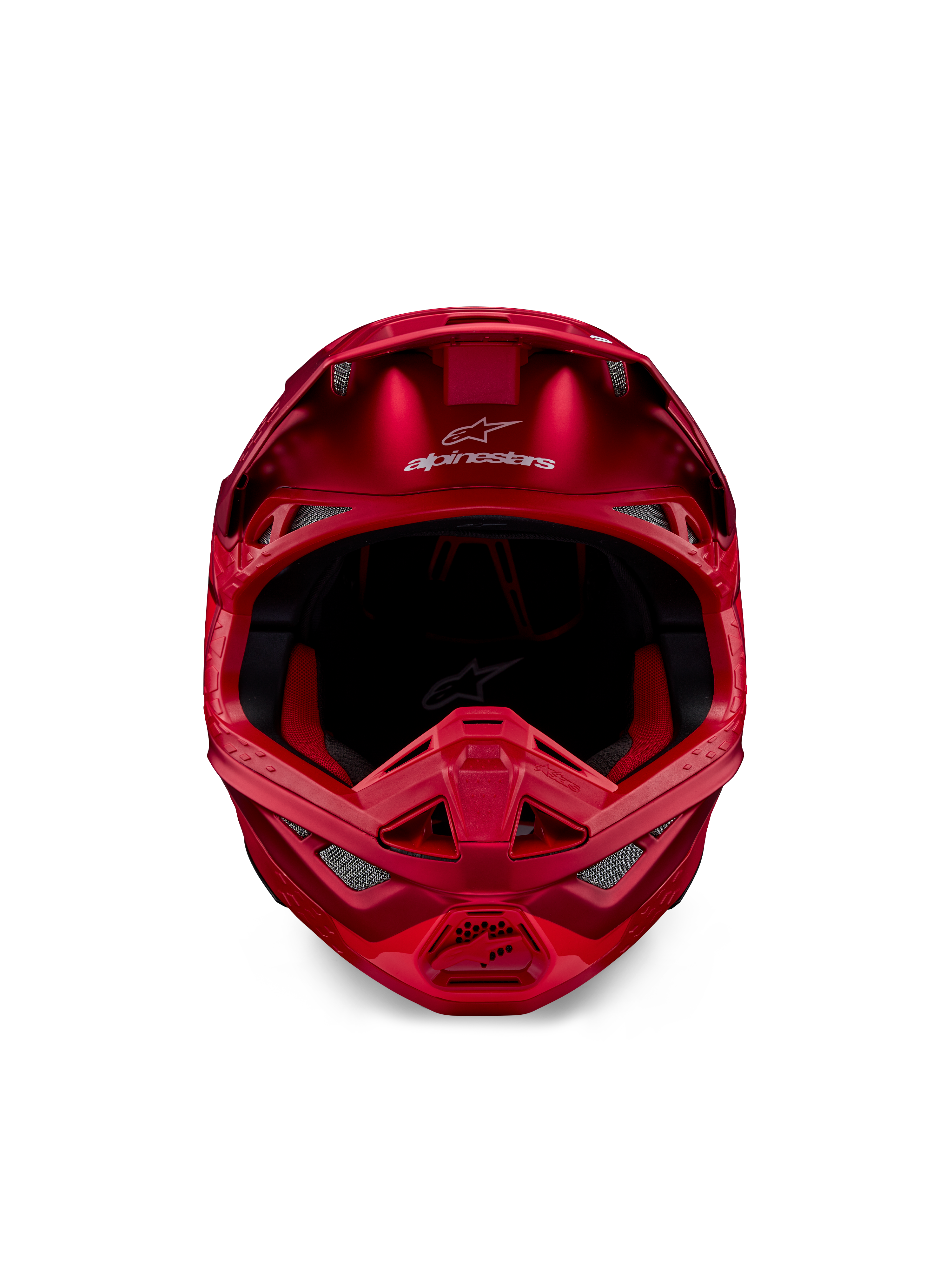 Alpinestars Supertech M10 Flood Helm, Motocross-Helm, Red Fluo und Red Matt/Glänzend, Vorderansicht mit aerodynamischem Profil und mehreren Belüftungsöffnungen, Alpinestars-Logo auf der Stirn und rotes Innenfutter, professionelle Offroad-Rennausrüstung