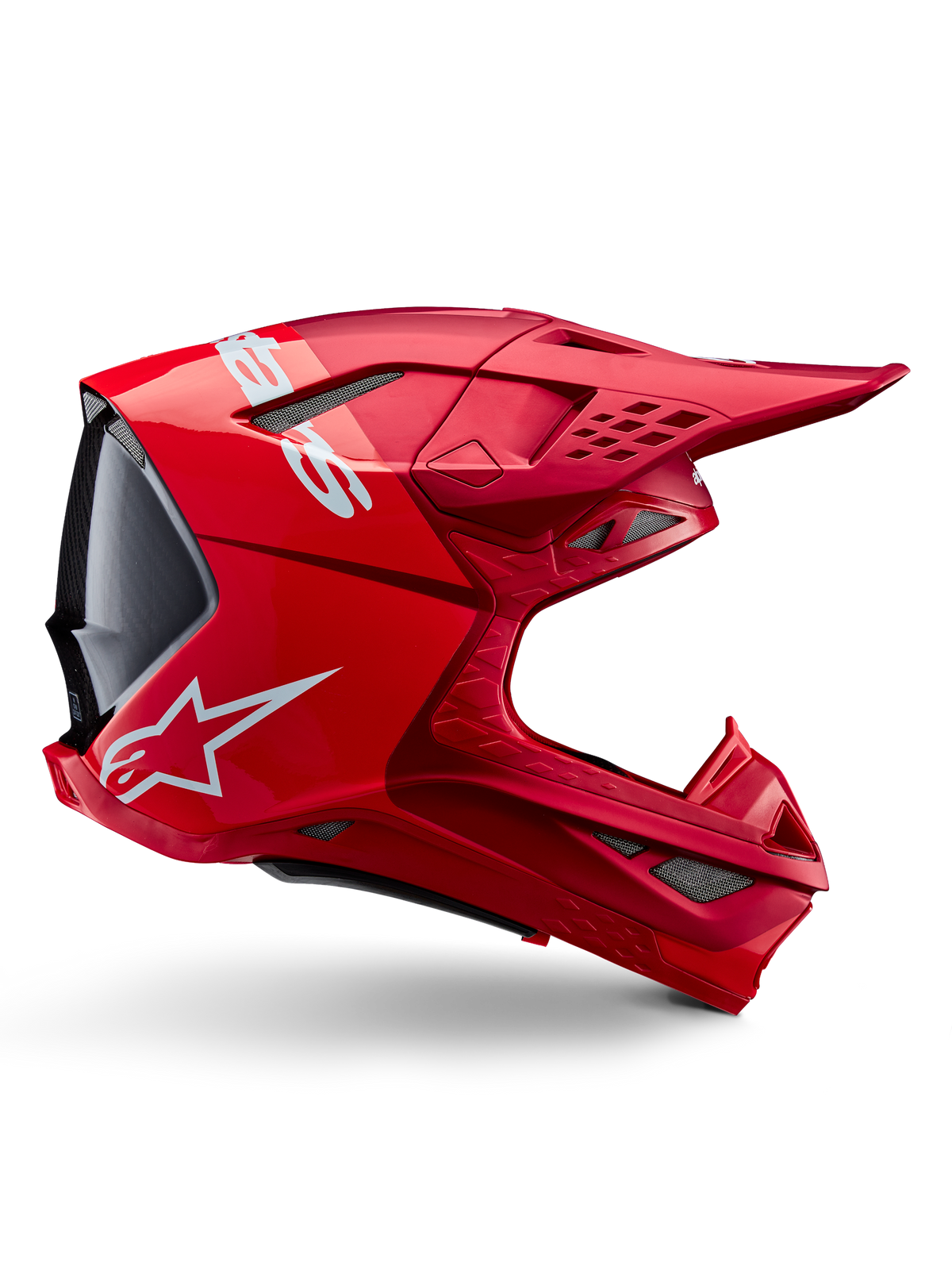 Alpinestars Supertech M10 Flood Helm, Motocross-Helm, Rot Fluo Rot Matt und Glänzend, Seitenprofil mit weißem Branding, mehreren mit Mesh bedeckten Belüftungsöffnungen und aerodynamischem Offroad-Renndesign