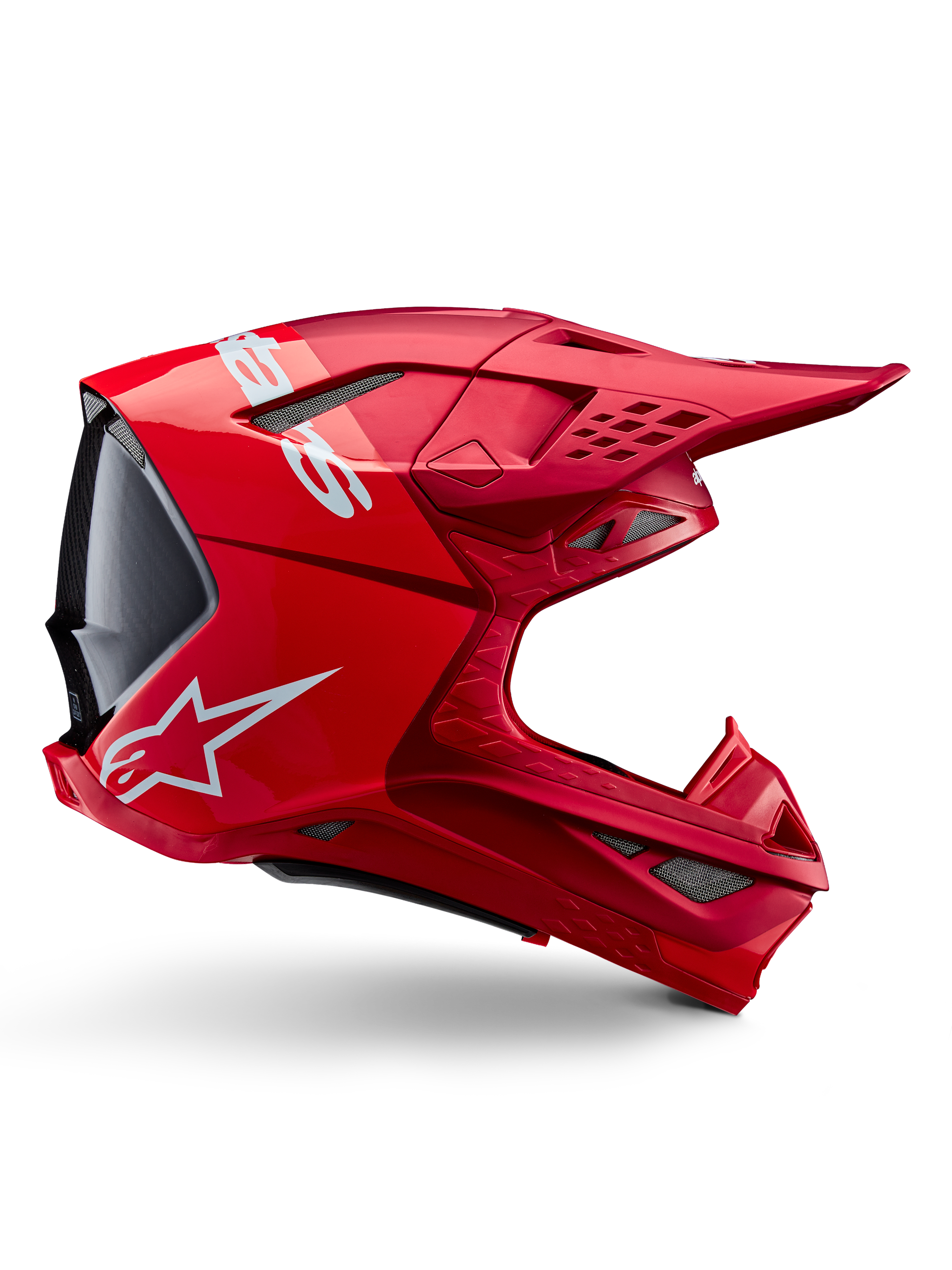 Alpinestars Supertech M10 Flood Helm, Motocross-Helm, Rot Fluo Rot Matt und Glänzend, Seitenprofil mit weißem Branding, mehreren mit Mesh bedeckten Belüftungsöffnungen und aerodynamischem Offroad-Renndesign
