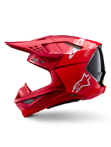 Alpinestars Supertech M10 Flood ECE 22.06 Helm, Motocross-Helm, Rot und Fluo-Rot mit mattem und glänzendem Finish, Seitenprofil-Ansicht mit aerodynamischem Schalendesign, mehreren Belüftungsöffnungen und weißem Alpinestars-Branding.