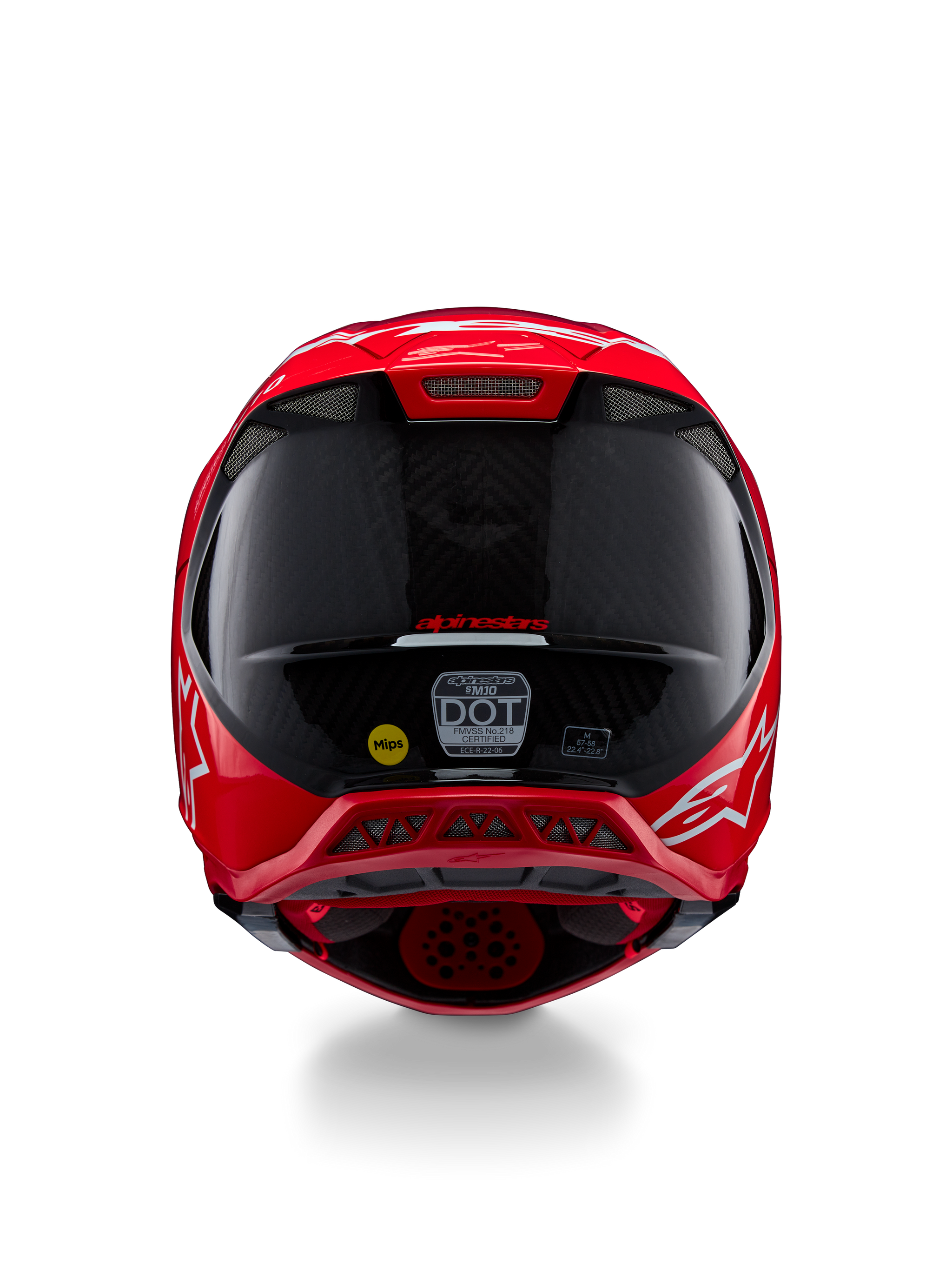 Alpinestars Supertech M10 Flood ECE 22.06 Helm, Rückansicht, Rot Fluo Rot Matt und Glänzend, Motocross-Helm mit sichtbarer Carbonfaser-Struktur, MIPS- und DOT-Zertifizierungsaufklebern und aerodynamischen Belüftungsöffnungen