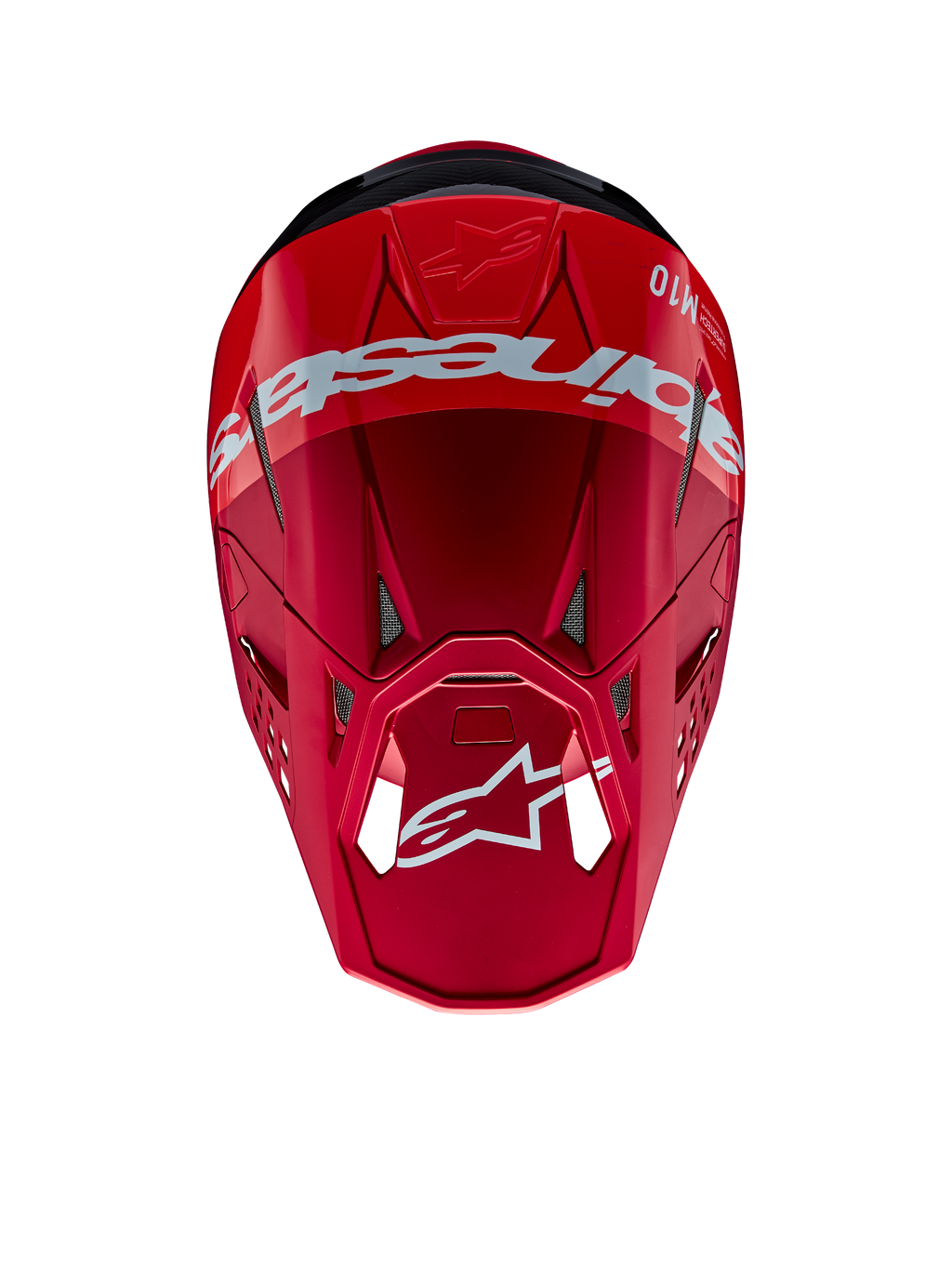 Alpinestars Supertech M10 Flood Helm, Motocross-Helm, Rot und Fluo-Rot mit mattem und glänzendem Finish, Draufsicht mit markantem Alpinestars-Branding und Logo, fortschrittliche aerodynamische Schale mit integrierten Belüftungsöffnungen für den Offroad-Rennsport