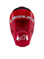 Alpinestars Supertech M10 Flood Helm, Motocross-Helm, Rot und Fluo-Rot mit mattem und glänzendem Finish, Draufsicht mit markantem Alpinestars-Branding und Logo, fortschrittliche aerodynamische Schale mit integrierten Belüftungsöffnungen für den Offroad-Rennsport