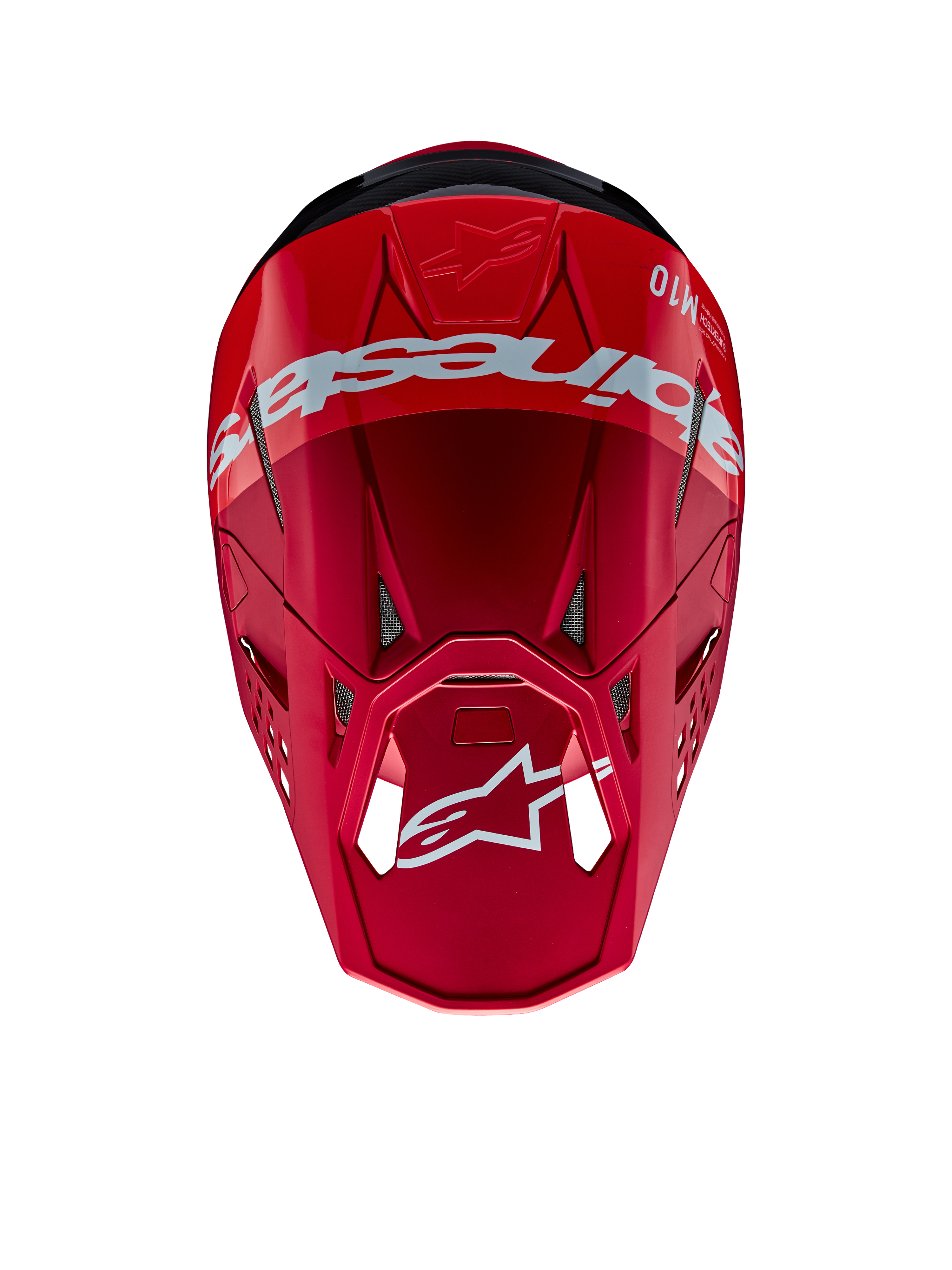 Alpinestars Supertech M10 Flood Helm, Motocross-Helm, Rot und Fluo-Rot mit mattem und glänzendem Finish, Draufsicht mit markantem Alpinestars-Branding und Logo, fortschrittliche aerodynamische Schale mit integrierten Belüftungsöffnungen für den Offroad-Rennsport