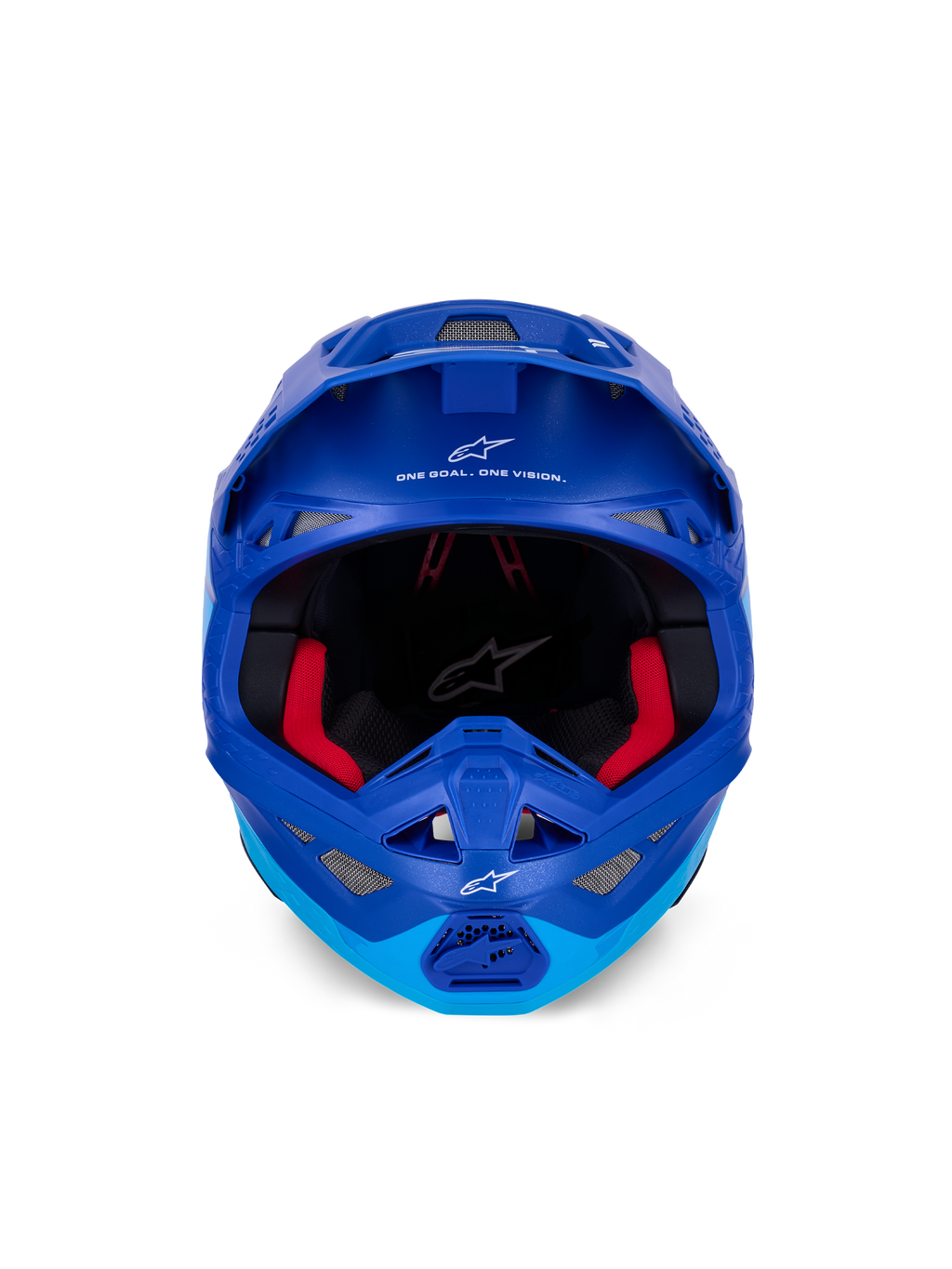 Alpinestars Supertech M10 Flood Helm ECE, Motocross-Helm, Metallic- und Mittelblau mit schwarzen Carbon-Akzenten, Vorderansicht mit Kinnbügel und Sichtfeld, weiße Alpinestars-Logos und Schriftzüge, rote Innenpolsterung, professioneller Offroad-Schutz