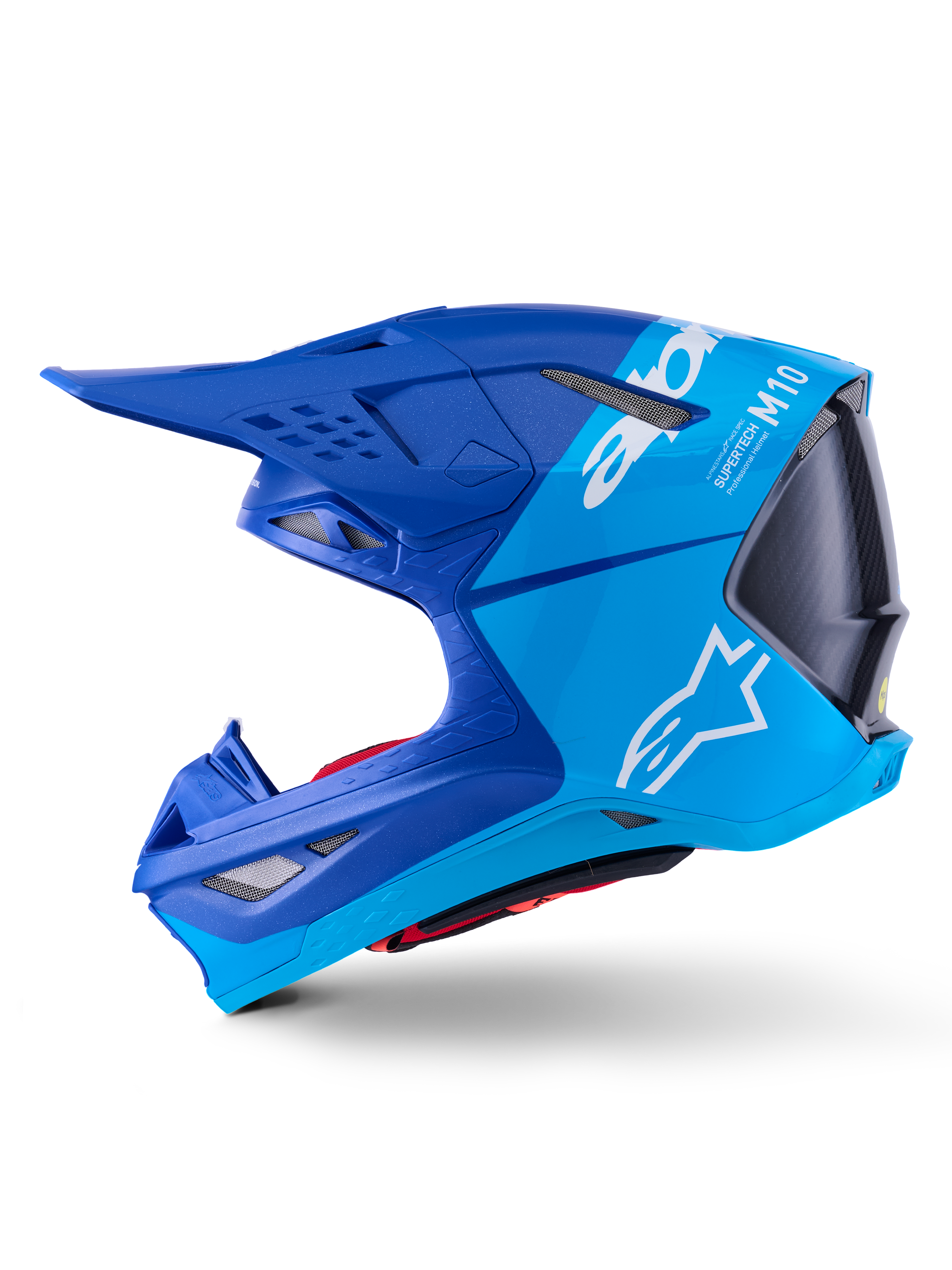 Alpinestars Supertech M10 Flood Helm, Motocross-Helm, Metallic- und Mittelblau mit Black Carbon, Seitenansicht mit matten und glänzenden Oberflächen, weißes Alpinestars-Logo und Supertech M10 Branding, fortschrittlicher Kopfschutz für den Offroad-Rennsport