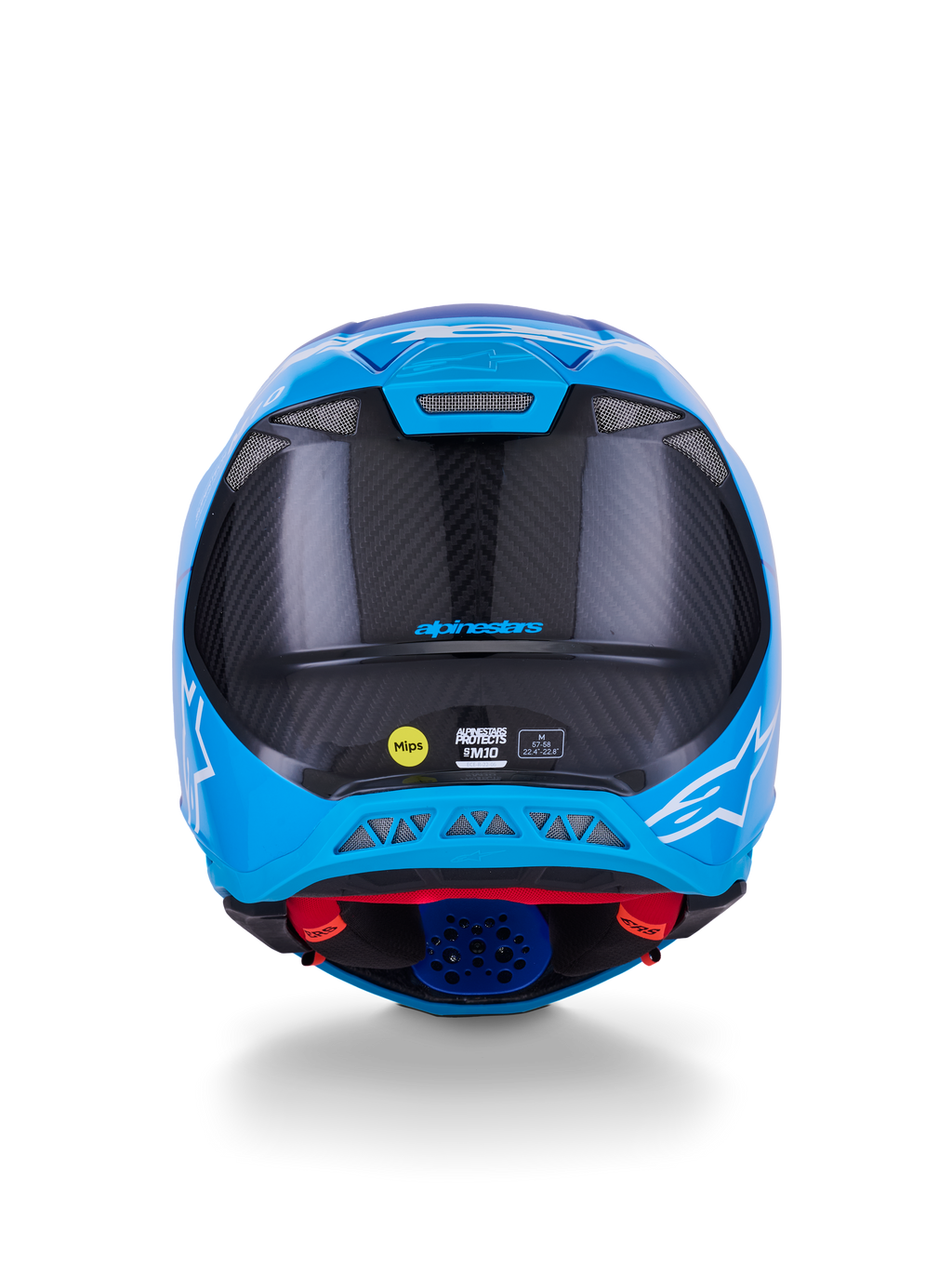 Alpinestars Supertech M10 Flood Helm, Motocross-Helm, Metallic-Blau und Mittelblau mit schwarzem Carbon, Rückansicht mit 3K-Carbon-Struktur, weißen Stern-Logos, MIPS-Sticker und Entlüftungsöffnungen