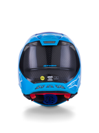 Alpinestars Supertech M10 Flood Helm, Motocross-Helm, Metallic-Blau und Mittelblau mit schwarzem Carbon, Rückansicht mit 3K-Carbon-Struktur, weißen Stern-Logos, MIPS-Sticker und Entlüftungsöffnungen