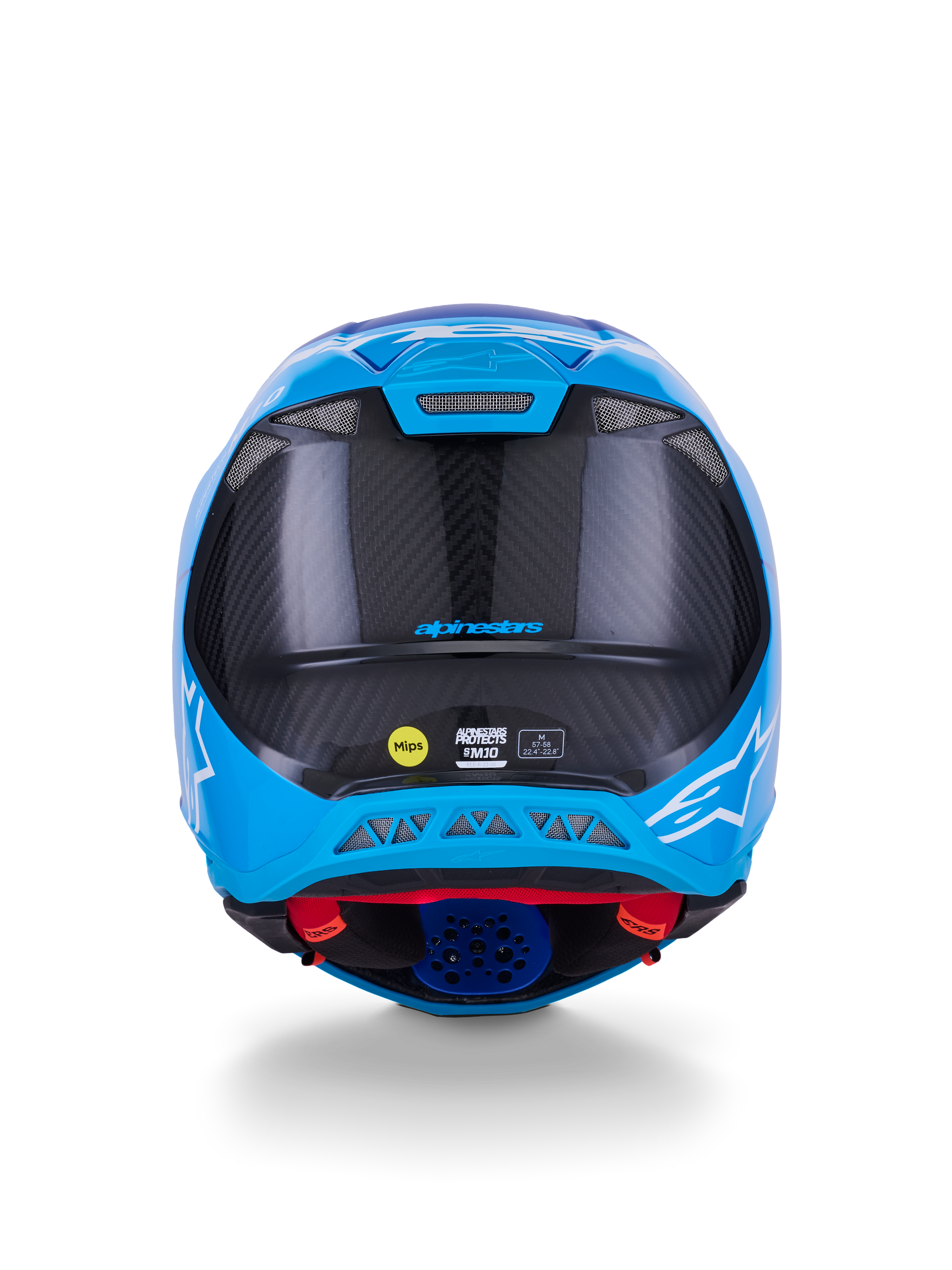 Alpinestars Supertech M10 Flood Helm, Motocross-Helm, Metallic-Blau und Mittelblau mit schwarzem Carbon, Rückansicht mit 3K-Carbon-Struktur, weißen Stern-Logos, MIPS-Sticker und Entlüftungsöffnungen