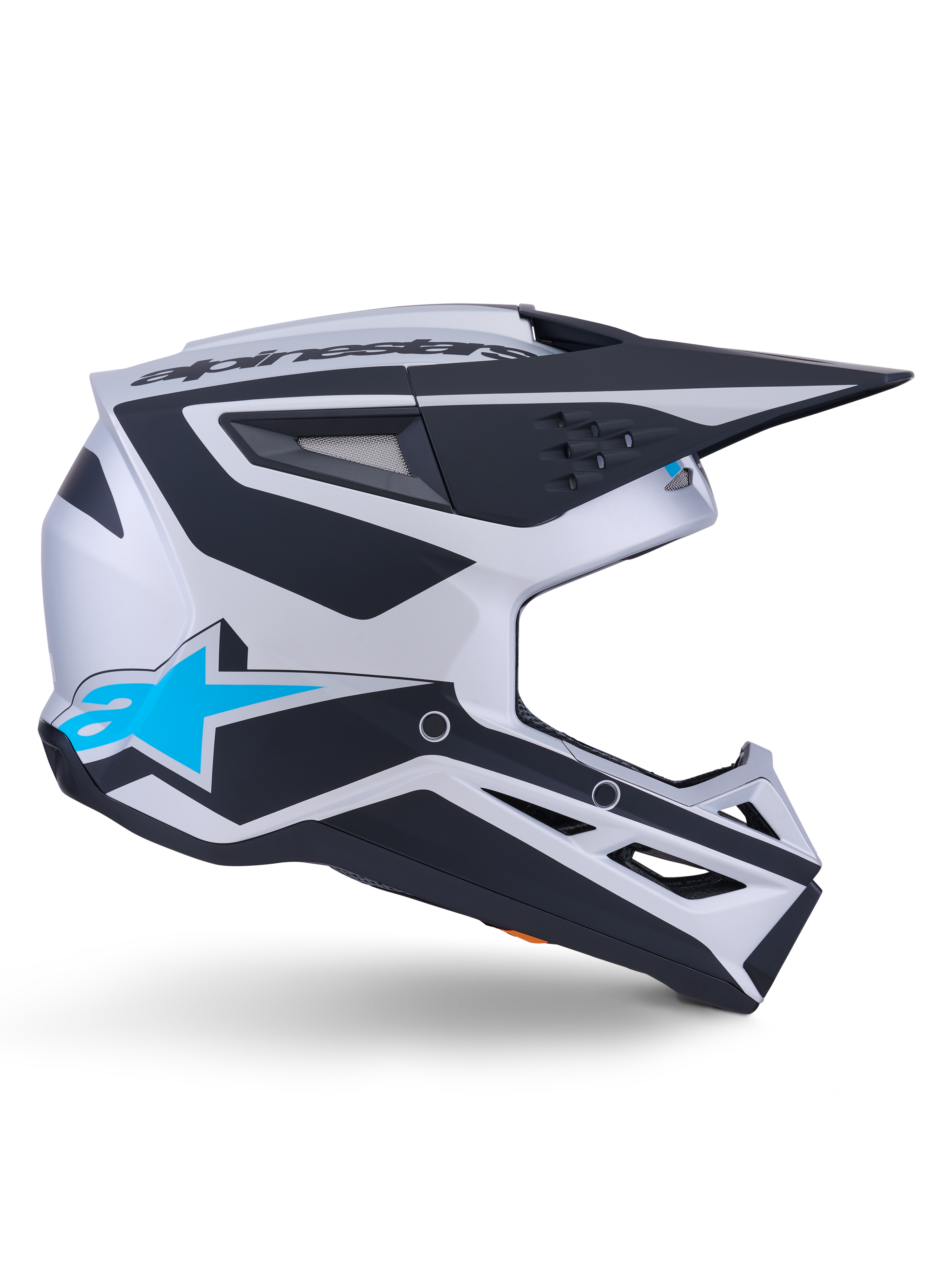 Alpinestars S-M3 Heat Helm ECE 22.06, Motocross-Helm, Silber, Blau und Schwarz Matt, Seitenprofil mit markanten schwarzen Grafiken, hellblauem A-Star-Logo, schwarzem aerodynamischem Visier und mehreren Belüftungsöffnungen für Offroad-Performance