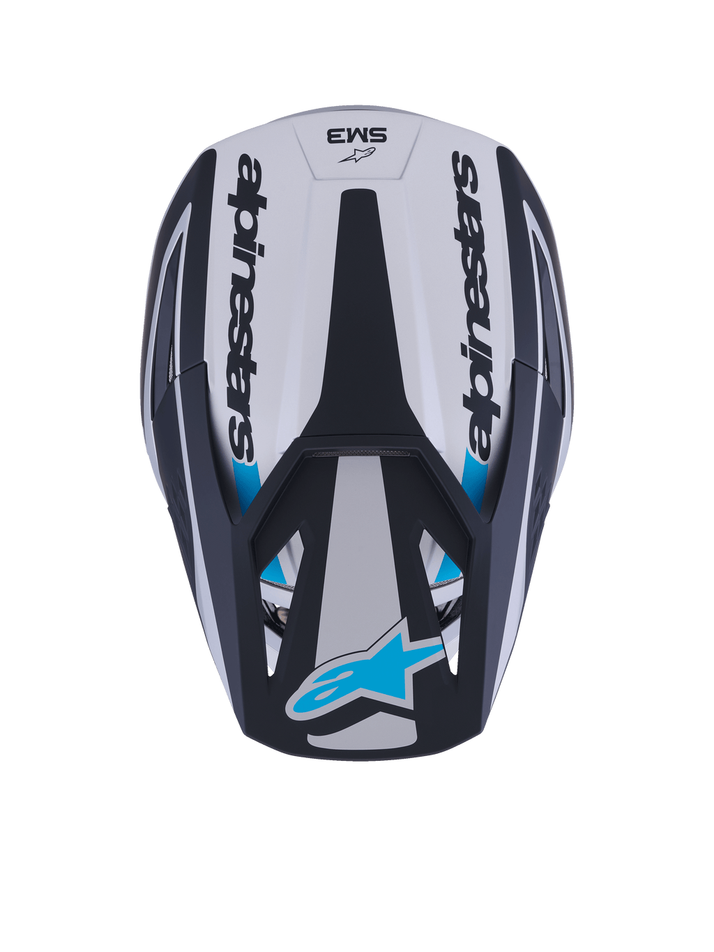 Alpinestars S-M3 Heat Helm, Motocross-Helm, Draufsicht, Silber, Blau und Schwarz matt, Alpinestars-Schriftzug an den Seiten, blaues Astar-Logo auf dem Visier, aerodynamisches Schalendesign mit mattem Finish.