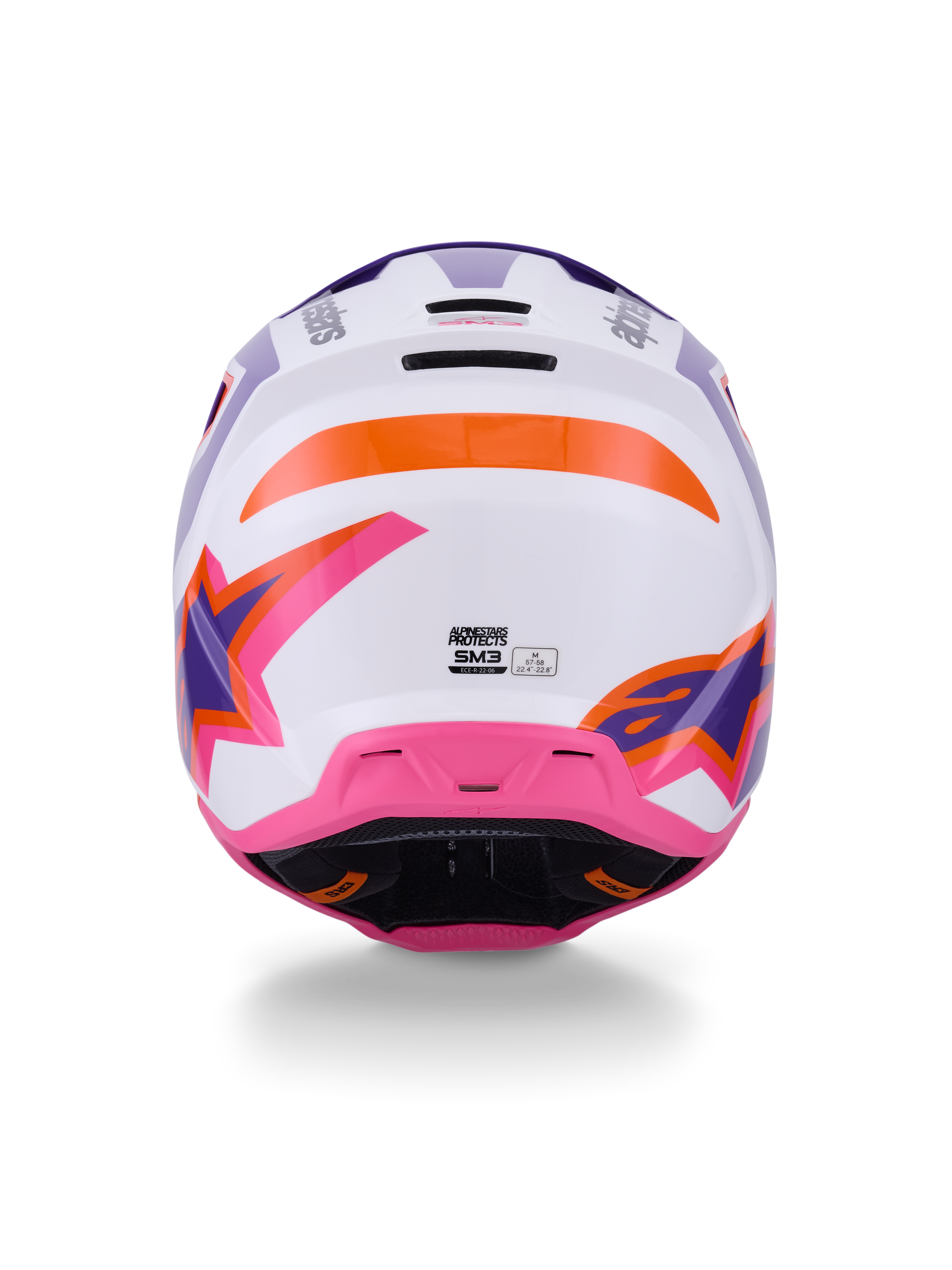 Alpinestars S-M3 Heat Helmet ECE 22.06, Motocross Helmet, Rear view in White Purple Pink Glossy with orange accents, featuring bold star graphics, rear ventilation exhaust ports, and thermo-injected shell design for off-road racing.