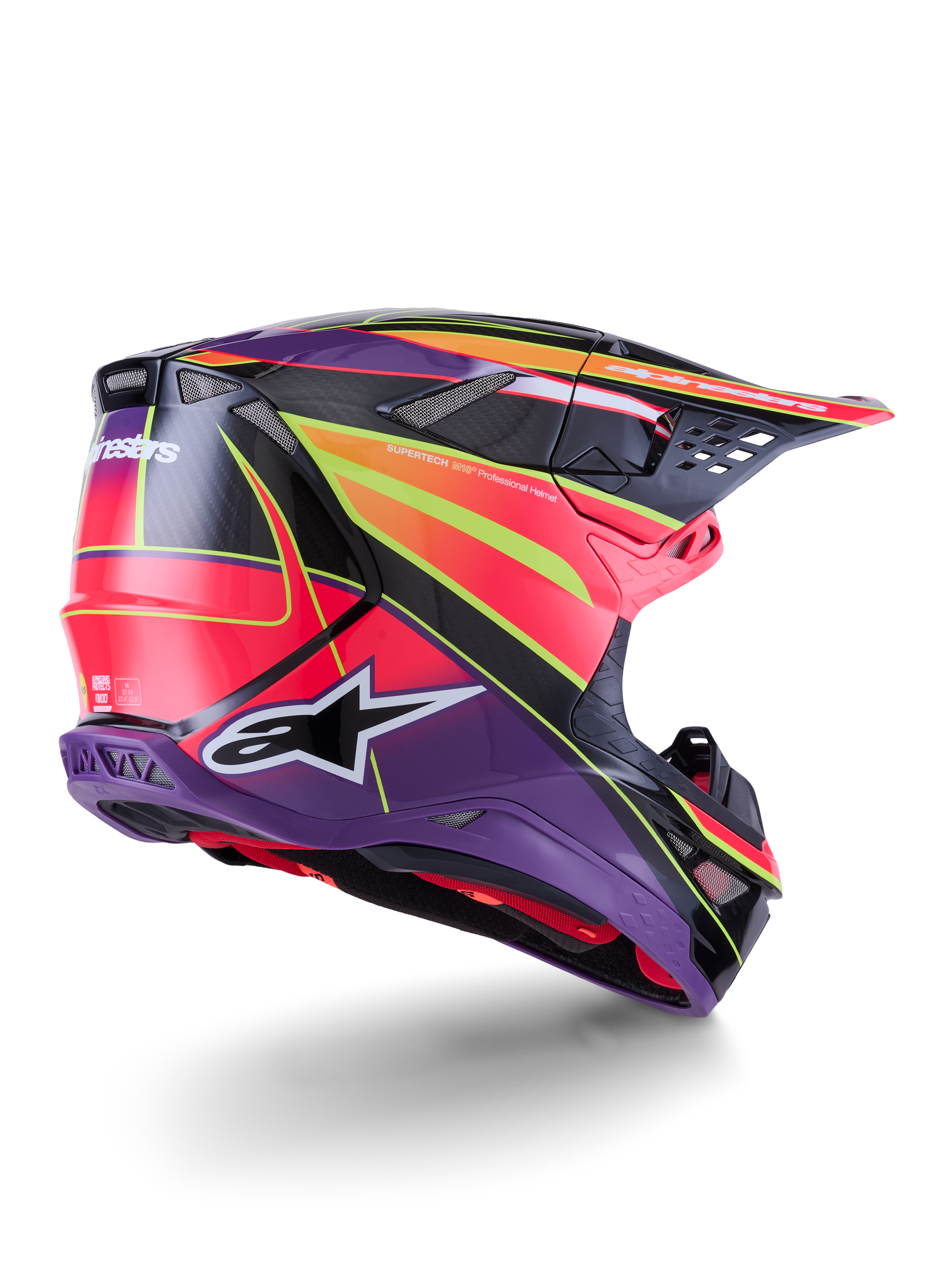 Alpinestars Supertech M10 Era Helm, Motocross-Helm, Pink, Violett und Gelb Fluo glänzend, Rückansicht in Dreiviertel-Perspektive zeigt die aerodynamische Karbonfaserschale, integrierte Belüftungsöffnungen und markantes grafisches Branding, Hochleistungs-Offroad-Rennausrüstung