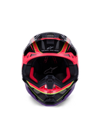 Alpinestars Supertech M10 Era Helm, Motocross-Helm, Pink, Violett und Fluo-Gelb Glänzend, Frontansicht mit roter Innenpolsterung und Carbonfaser-Details, mit „One Goal. One Vision.“ Schriftzug, professioneller Offroad-Rennschutz