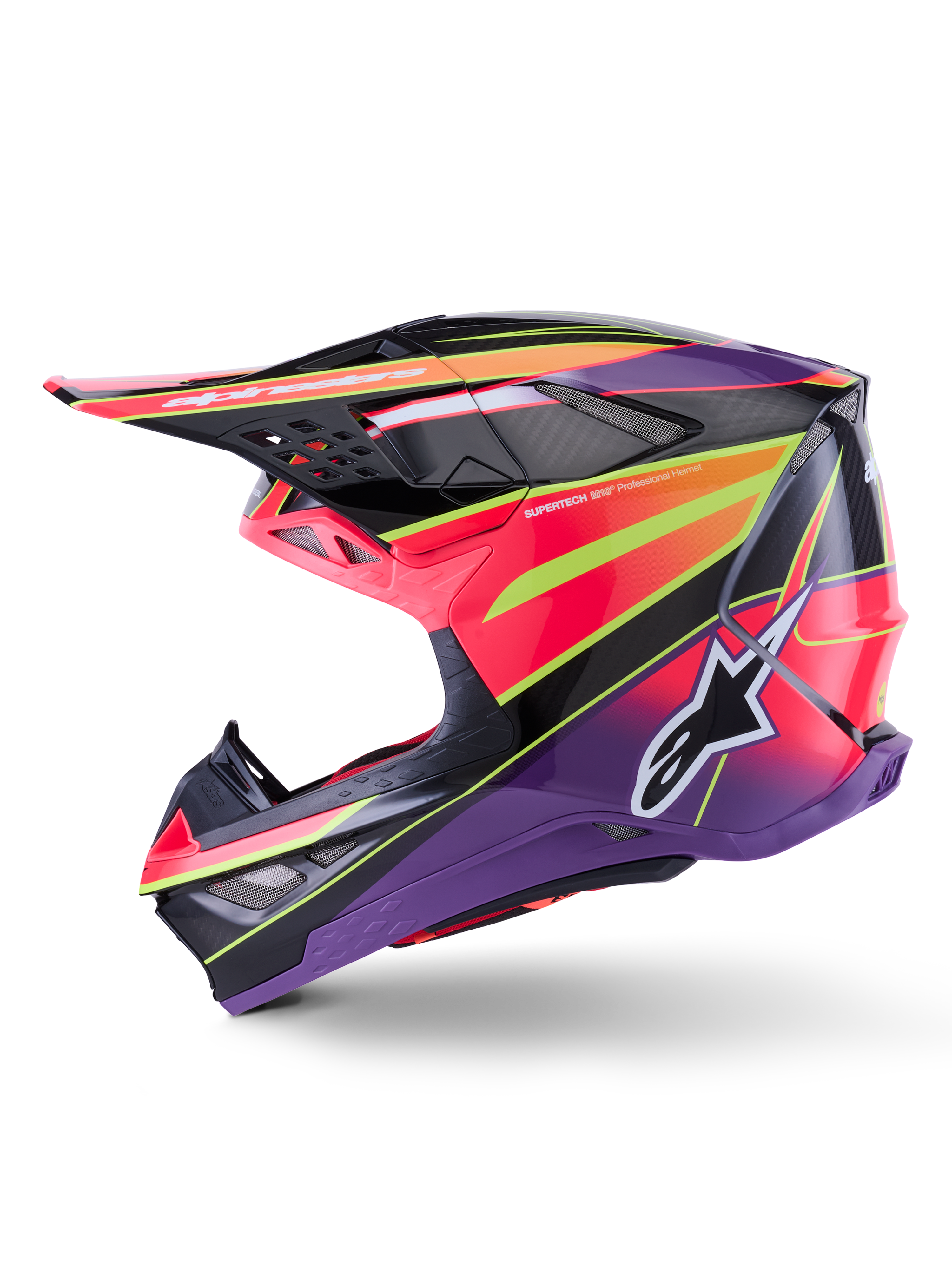 Alpinestars Supertech M10 Era Helm, Motocross-Helm, Pink, Violett und Neongelb Glänzend, Seitenprofil mit markanten geometrischen Grafiken und Carbonfaser-Textur, Alpinestars-Sternlogo, integrierte Belüftungsöffnungen und aerodynamisches Design für den Offroad-Rennsport