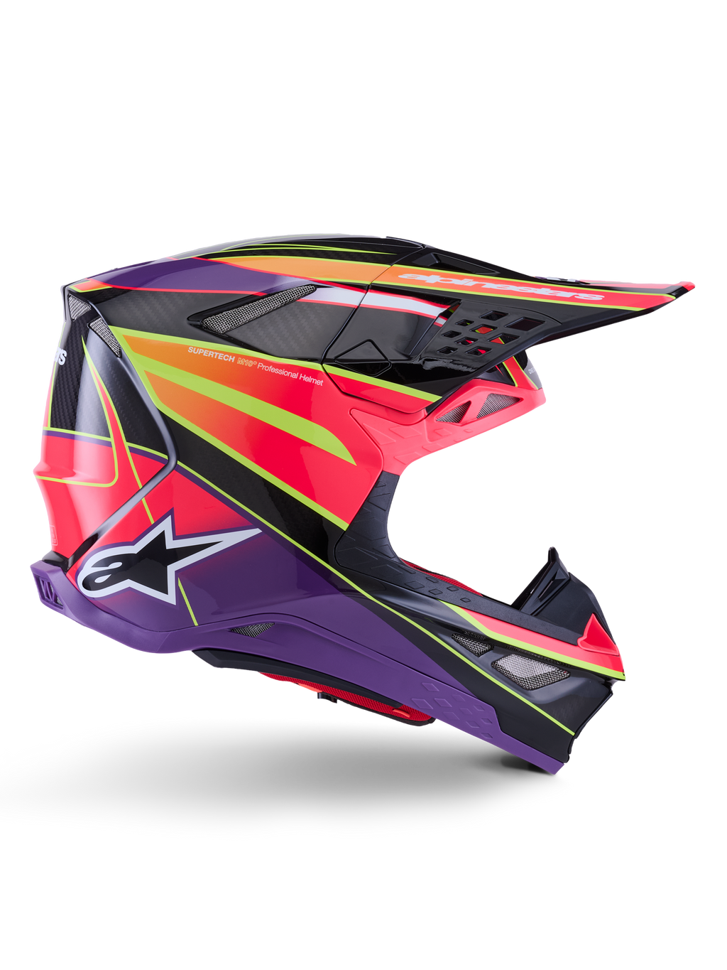 Alpinestars Supertech M10 Era Helm, Motocross-Helm, Pink, Violett und Gelb Fluo Glänzend, Seitenprofil-Ansicht, Multi-Composite-Carbonschale mit lebhaften geometrischen Mustern, integrierte Belüftungsöffnungen und weißes Alpinestars-Logo, entwickelt für erstklassige Offroad-Performance