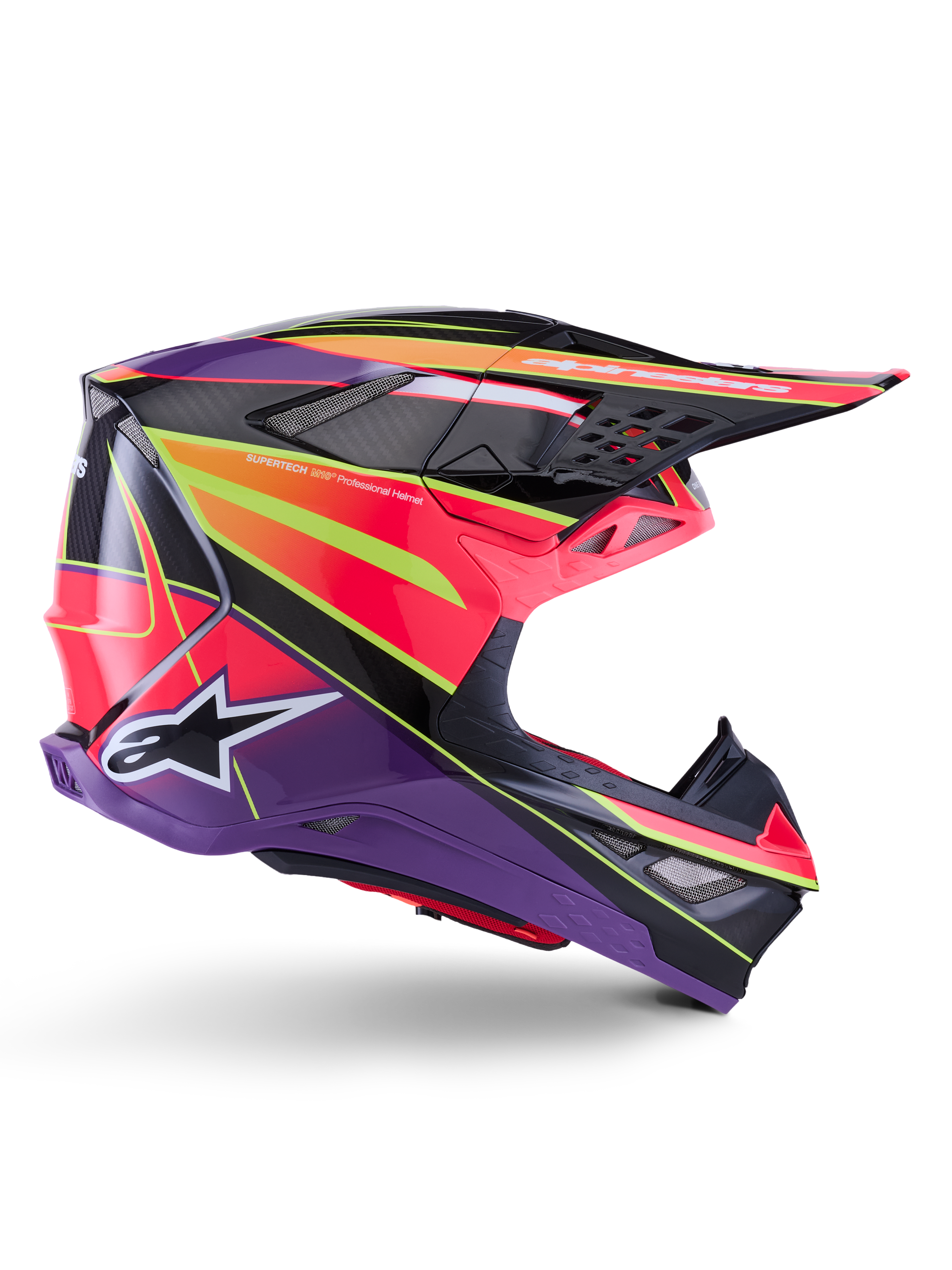 Alpinestars Supertech M10 Era Helm, Motocross-Helm, Pink, Violett und Gelb Fluo Glänzend, Seitenprofil-Ansicht, Multi-Composite-Carbonschale mit lebhaften geometrischen Mustern, integrierte Belüftungsöffnungen und weißes Alpinestars-Logo, entwickelt für erstklassige Offroad-Performance