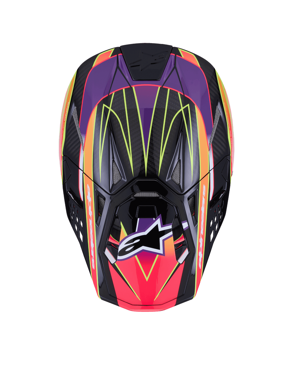 Alpinestars Supertech M10 Era Helm ECE 22.06, Motocross-Helm, Pink, Violett und Gelb Fluo glänzend, Draufsicht mit hochdichter Carbon-Schale und glänzendem Finish, lebendige geometrische Muster, integrierte Belüftungsöffnungen und charakteristisches Alpinestars-Logo