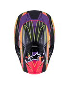 Alpinestars Supertech M10 Era Helm ECE 22.06, Motocross-Helm, Pink, Violett und Gelb Fluo glänzend, Draufsicht mit hochdichter Carbon-Schale und glänzendem Finish, lebendige geometrische Muster, integrierte Belüftungsöffnungen und charakteristisches Alpinestars-Logo
