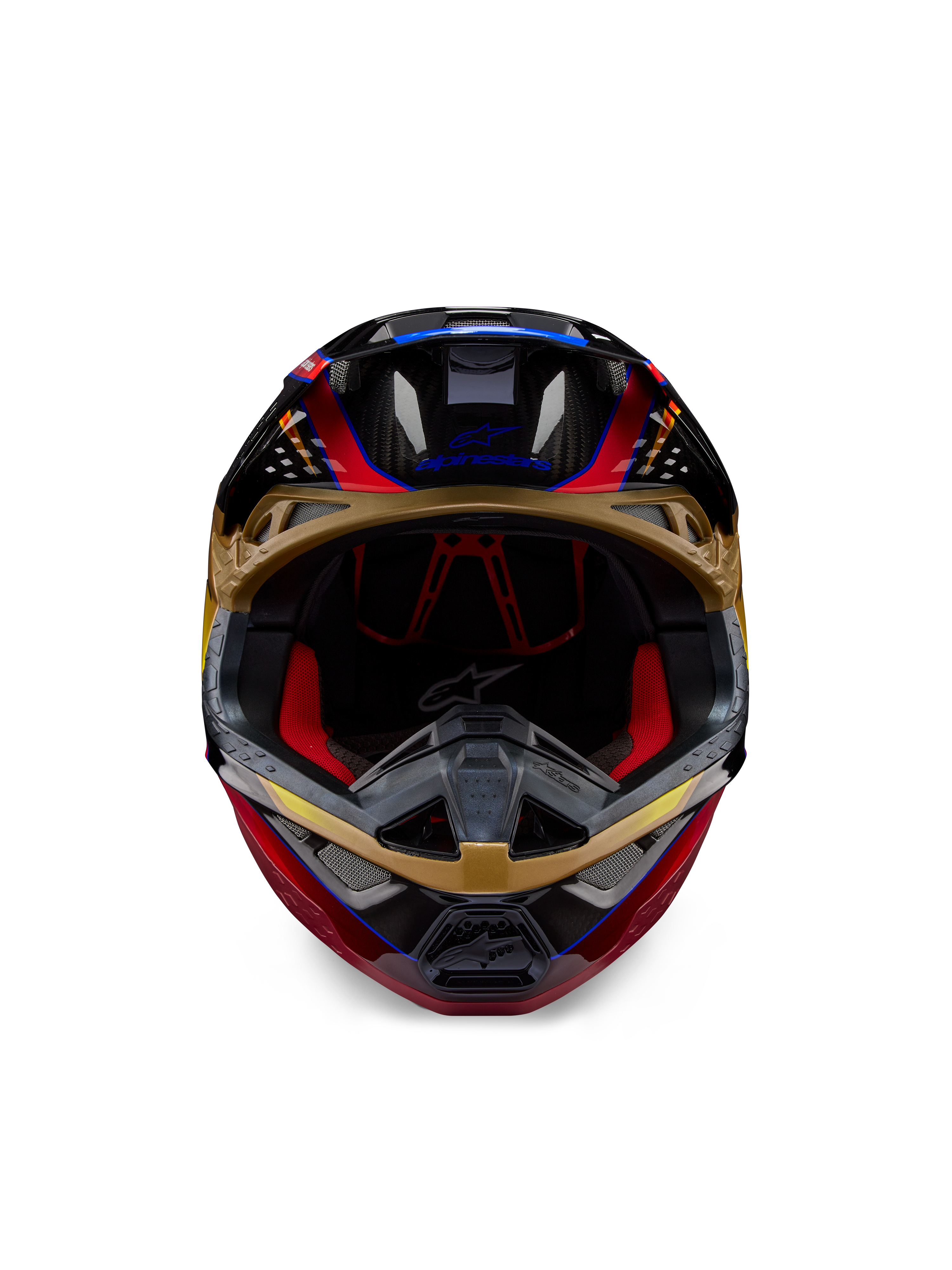 Alpinestars Supertech M10 Era Helmet, Motocross Helmet, Gold Yellow and Rio Red Glossy, front view showing carbon fiber shell details and red interior padding, aerodynamic design for off-road racing