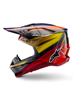 Alpinestars Supertech M10 Era Helmet, Motocross Helmet, Gold Yellow Rio Red Glossy, side profile featuring carbon fiber texture and bold graphics, Alpinestars star logo, aerodynamic shape with multiple ventilation ports, professional off-road racing protection