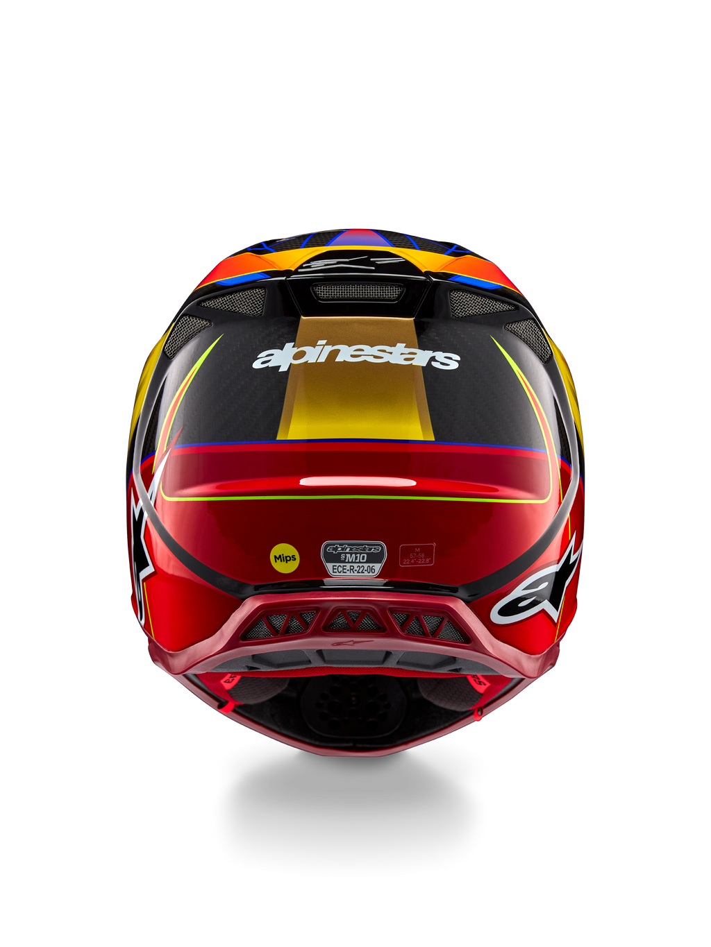 Alpinestars Supertech M10 Era Helmet, Motocross Helmet, Gold Yellow and Rio Red Glossy, rear view featuring white Alpinestars branding, MIPS logo, and aerodynamic ventilation ports, multi-composite carbon fiber construction with blue accents