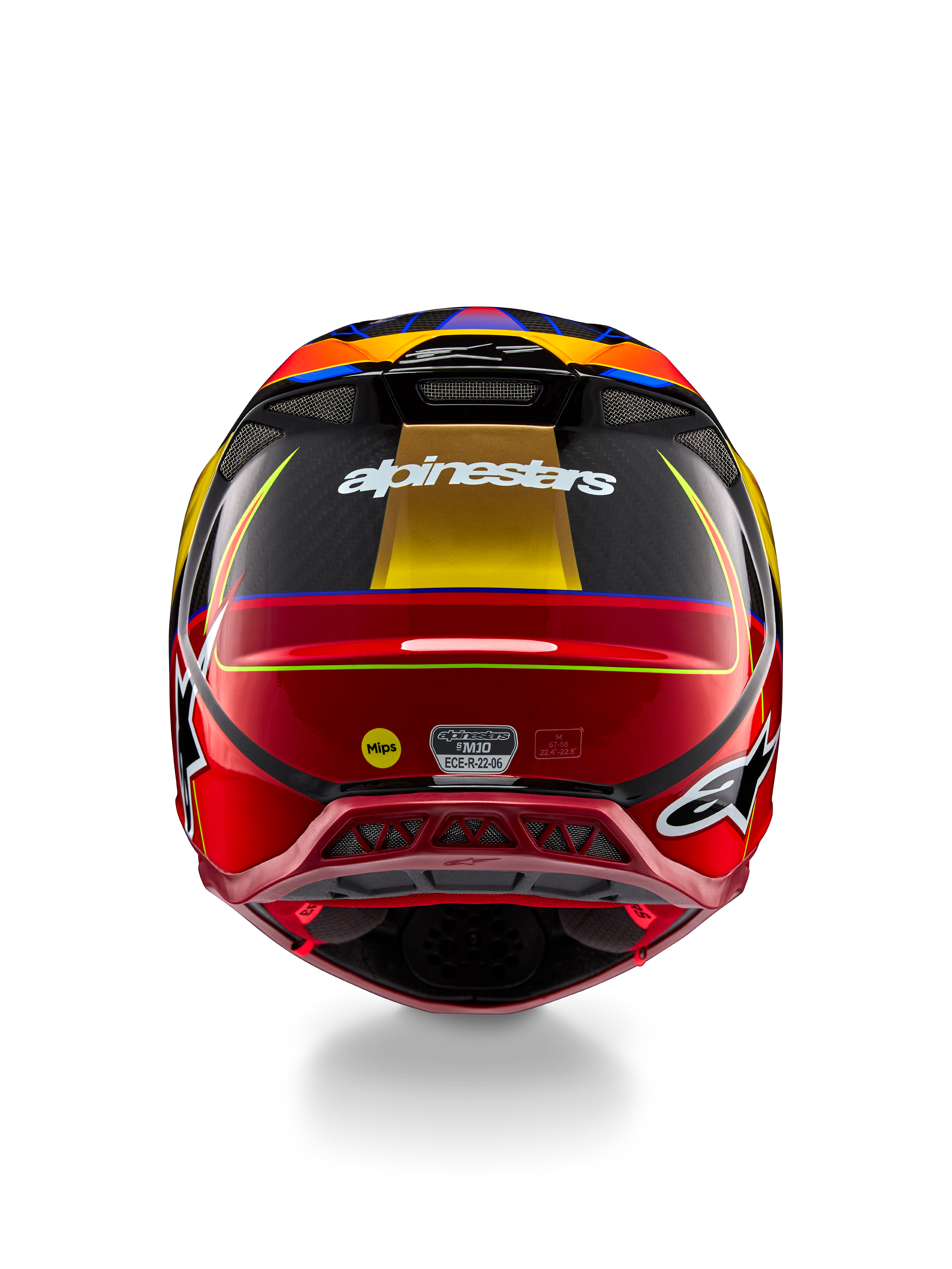 Alpinestars Supertech M10 Era Helmet, Motocross Helmet, Gold Yellow and Rio Red Glossy, rear view featuring white Alpinestars branding, MIPS logo, and aerodynamic ventilation ports, multi-composite carbon fiber construction with blue accents