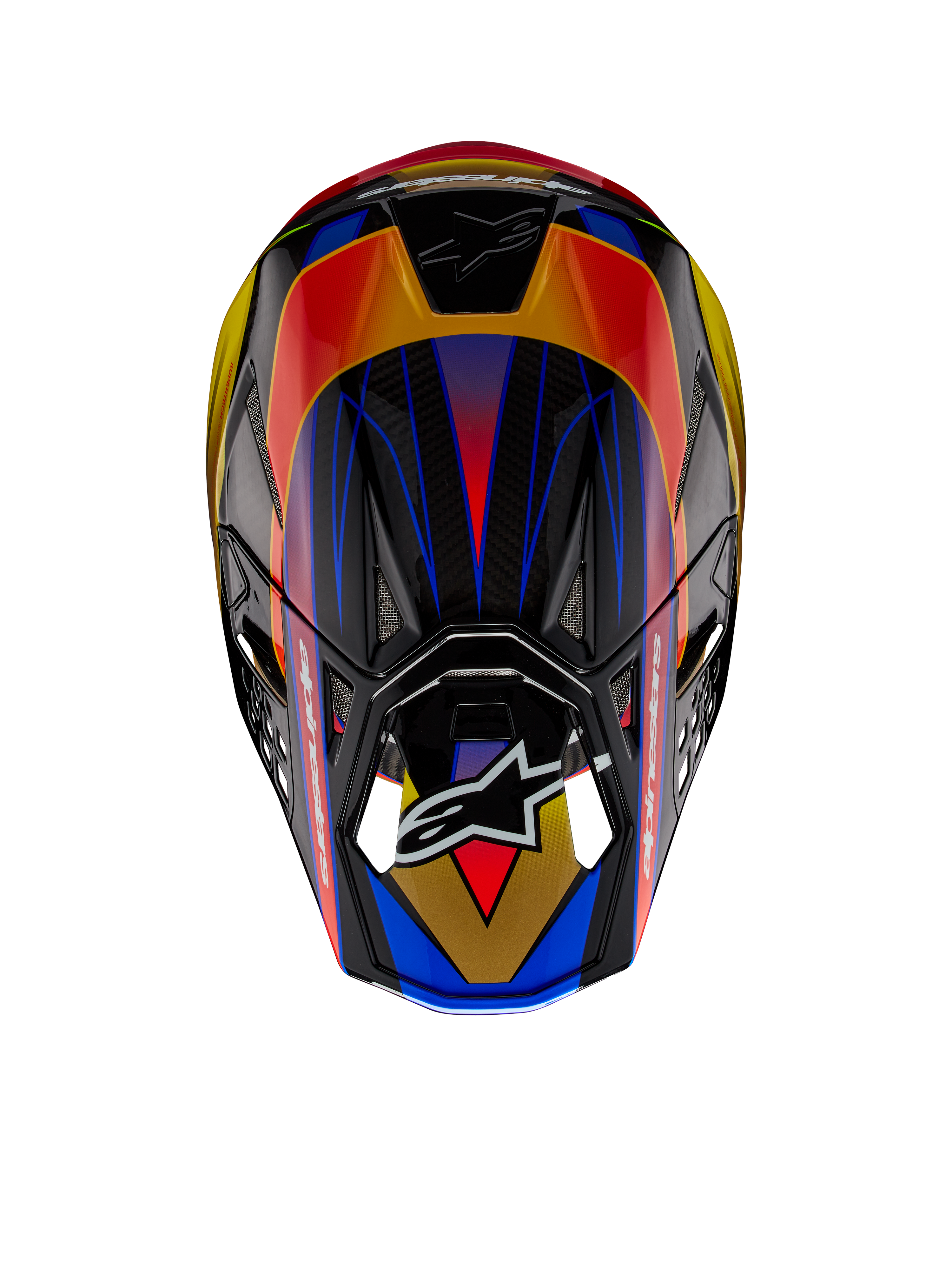 Alpinestars Supertech M10 Era ECE Helmet, Motocross Helmet, Gold Yellow Rio Red Glossy, top-down view showing vibrant geometric patterns in blue and yellow, glossy finish with carbon shell texture visible, featuring the Alpinestars logo on the visor
