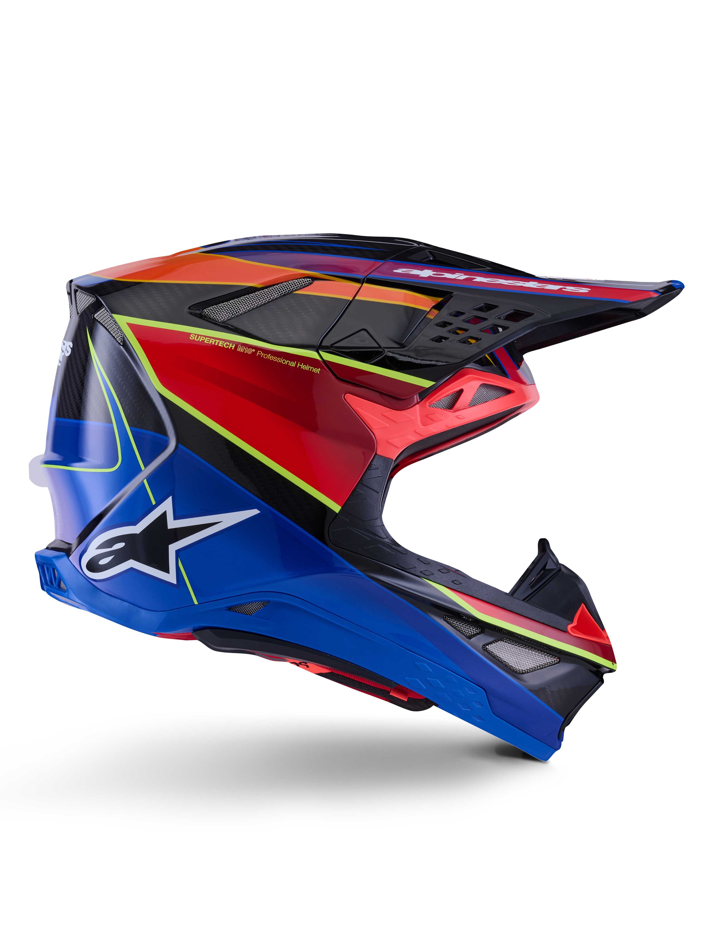 Alpinestars Supertech M10 Era Helm, Motocross-Helm, Blau, Rot und Gelb Fluo Glänzend, Seitenansicht mit Multi-Composite-Carbonschale, weißes Alpinestars-Logo, aerodynamisches Design mit mehreren Belüftungsöffnungen für den Offroad-Rennsport