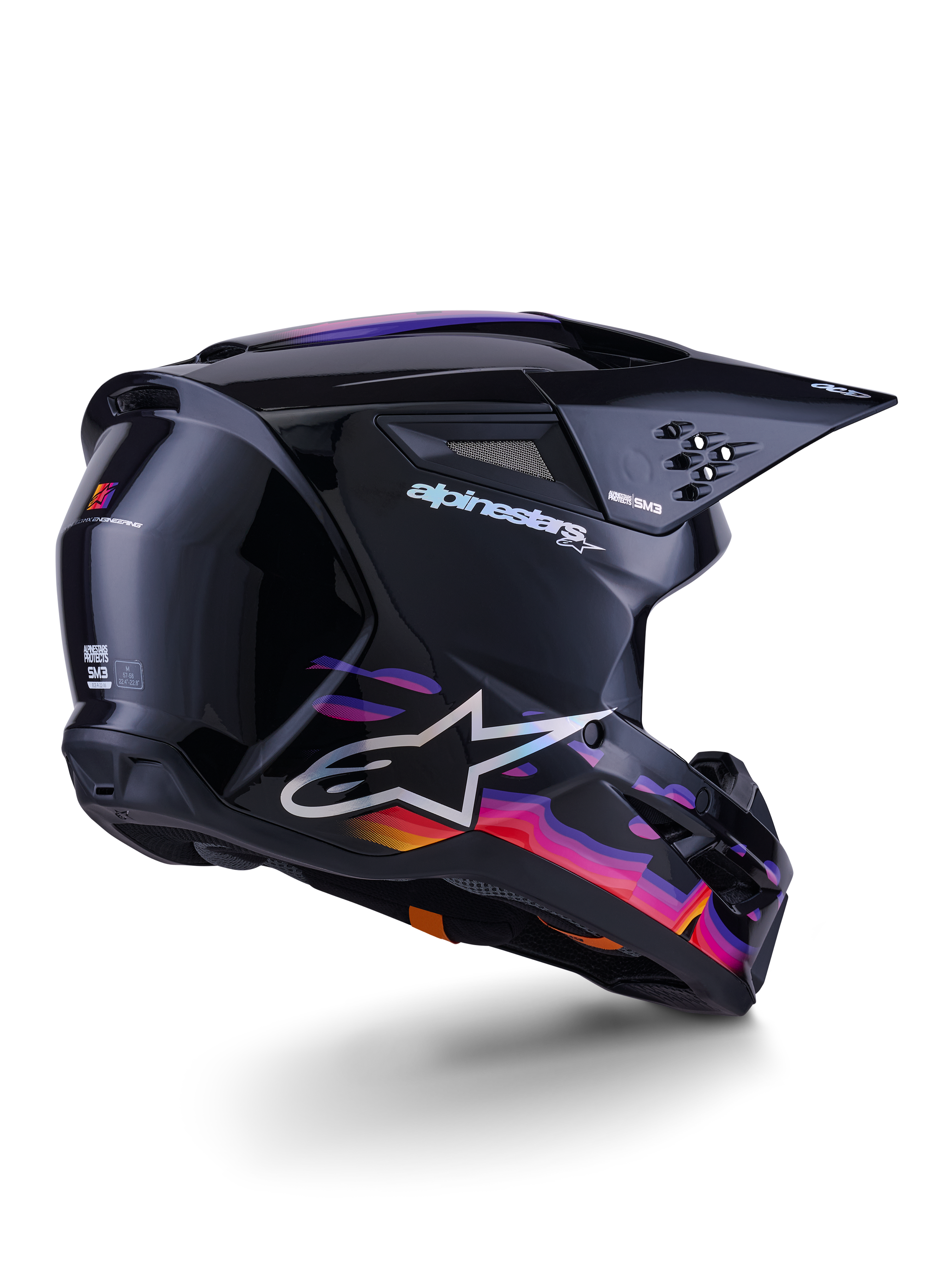 Alpinestars S-M3 Force OCD Helm, Motocross-Helm, Glänzendes Schwarz mit lebhaften violetten, pinken und orangefarbenen Wellengrafiken, weißes Alpinestars-Branding und A-Star-Logo, Dreiviertelansicht von hinten, Hochleistungs-Offroad-Rennausrüstung