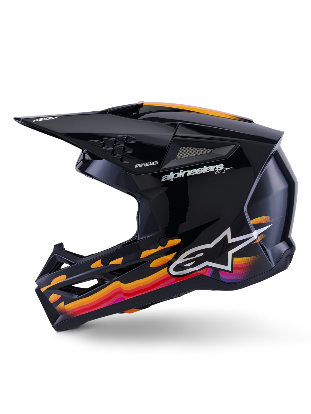 Alpinestars S-M3 Force OCD Helm, Motocross-Helm, Schwarz glänzend mit leuchtenden wellenförmigen Grafiken in Orange, Rot und Lila, Seitenansicht mit Visier und Belüftungsöffnungen, Alpinestars-Logo und Branding, Hochleistungs-Offroad-Rennausrüstung