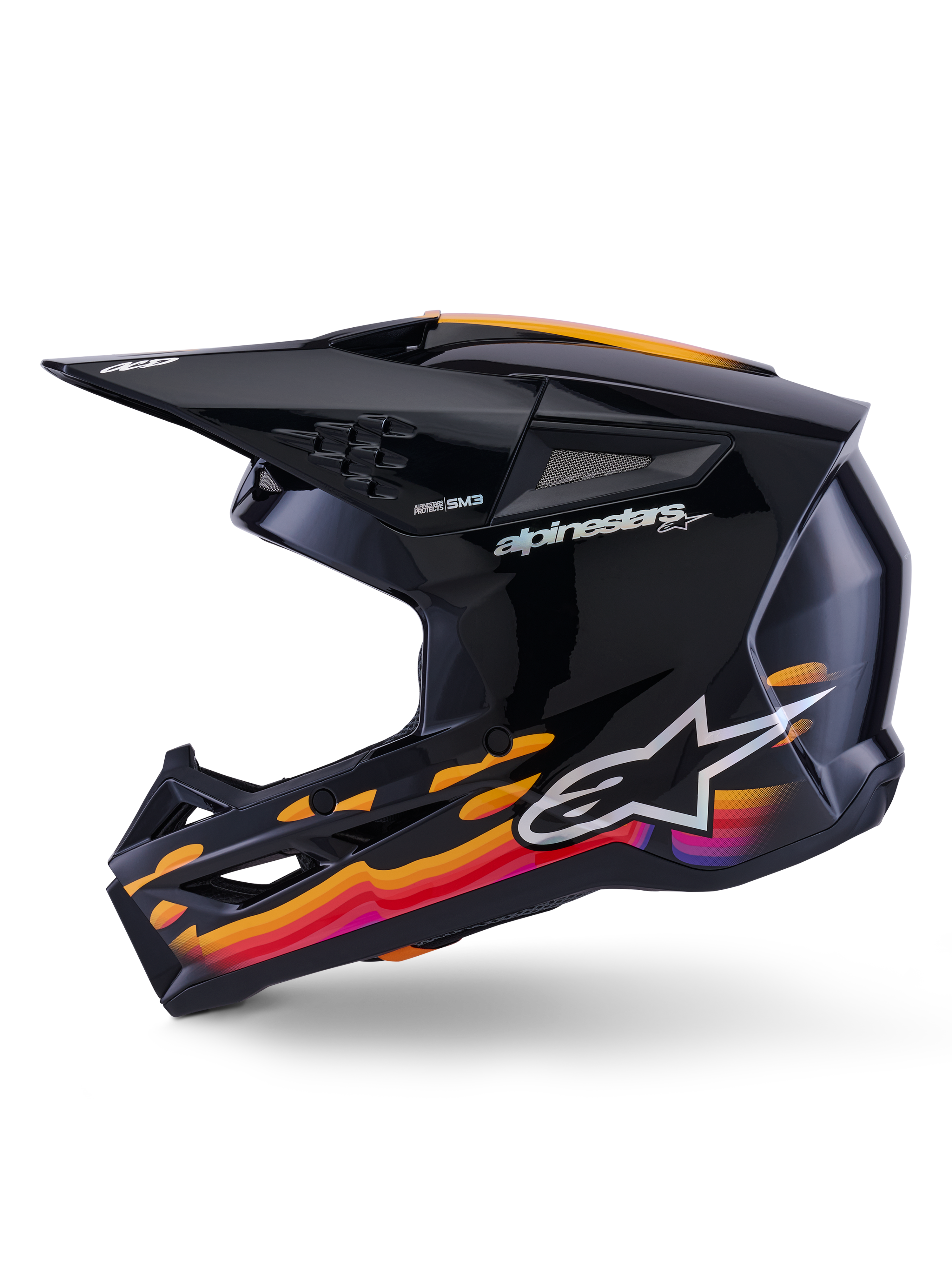 Alpinestars S-M3 Force OCD Helm, Motocross-Helm, Schwarz glänzend mit leuchtenden wellenförmigen Grafiken in Orange, Rot und Lila, Seitenansicht mit Visier und Belüftungsöffnungen, Alpinestars-Logo und Branding, Hochleistungs-Offroad-Rennausrüstung