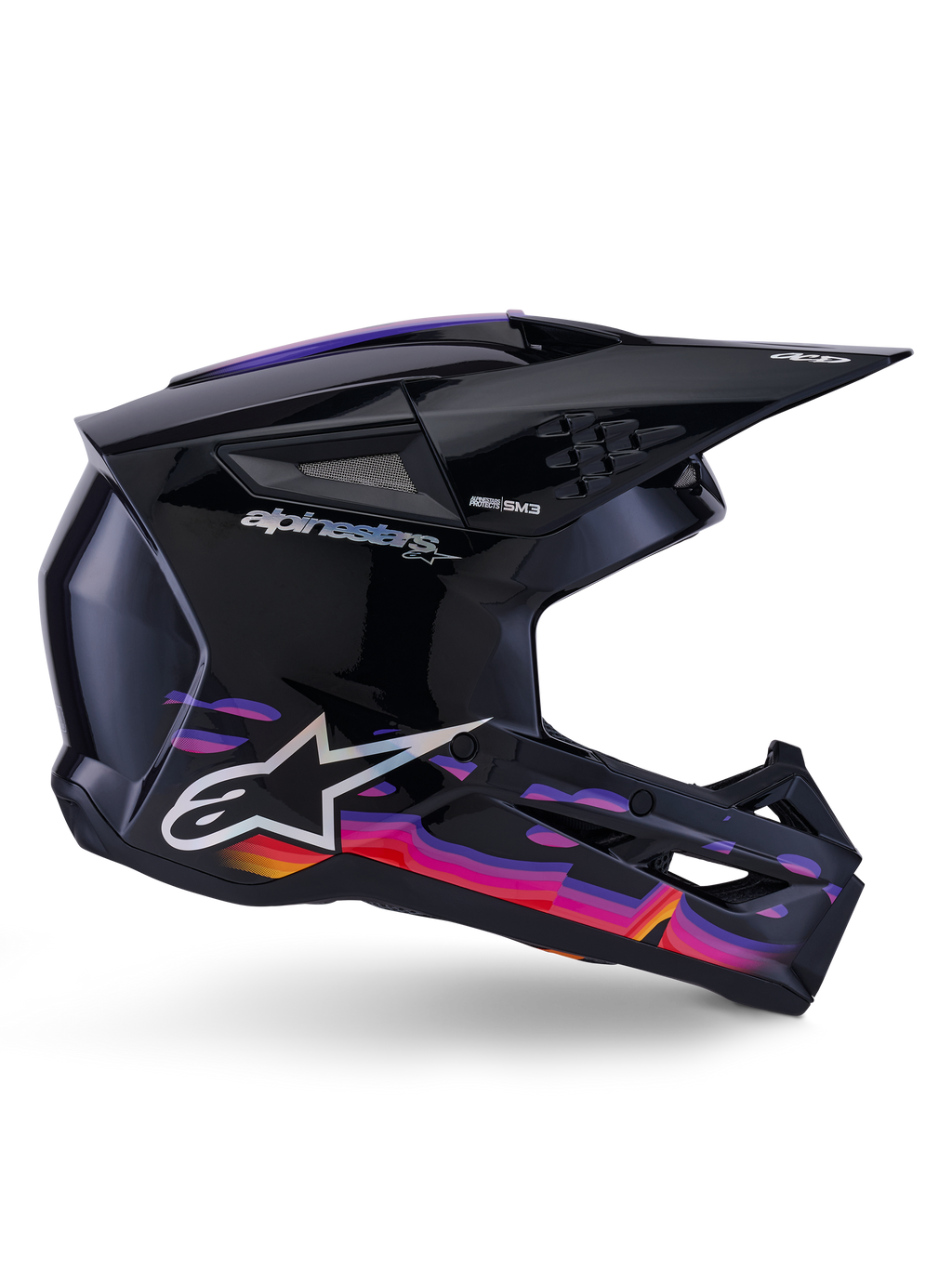 Alpinestars S-M3 Force OCD Helm, Motocross-Helm, Schwarz glänzend mit leuchtenden violetten, pinken und orangefarbenen Grafikmustern, Seitenprofil-Ansicht, silbernes Alpinestars-Logo und SM3-Branding, entwickelt für Offroad-Performance
