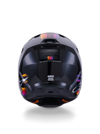 Alpinestars S-M3 Force OCD Helm, Schwarz glänzender Motocross-Helm, Rückansicht, mit leuchtenden Grafiken in Orange, Pink und Lila, ECE 22.06 Zertifizierungszeichen, aerodynamisches thermo-injiziertes Schalendesign