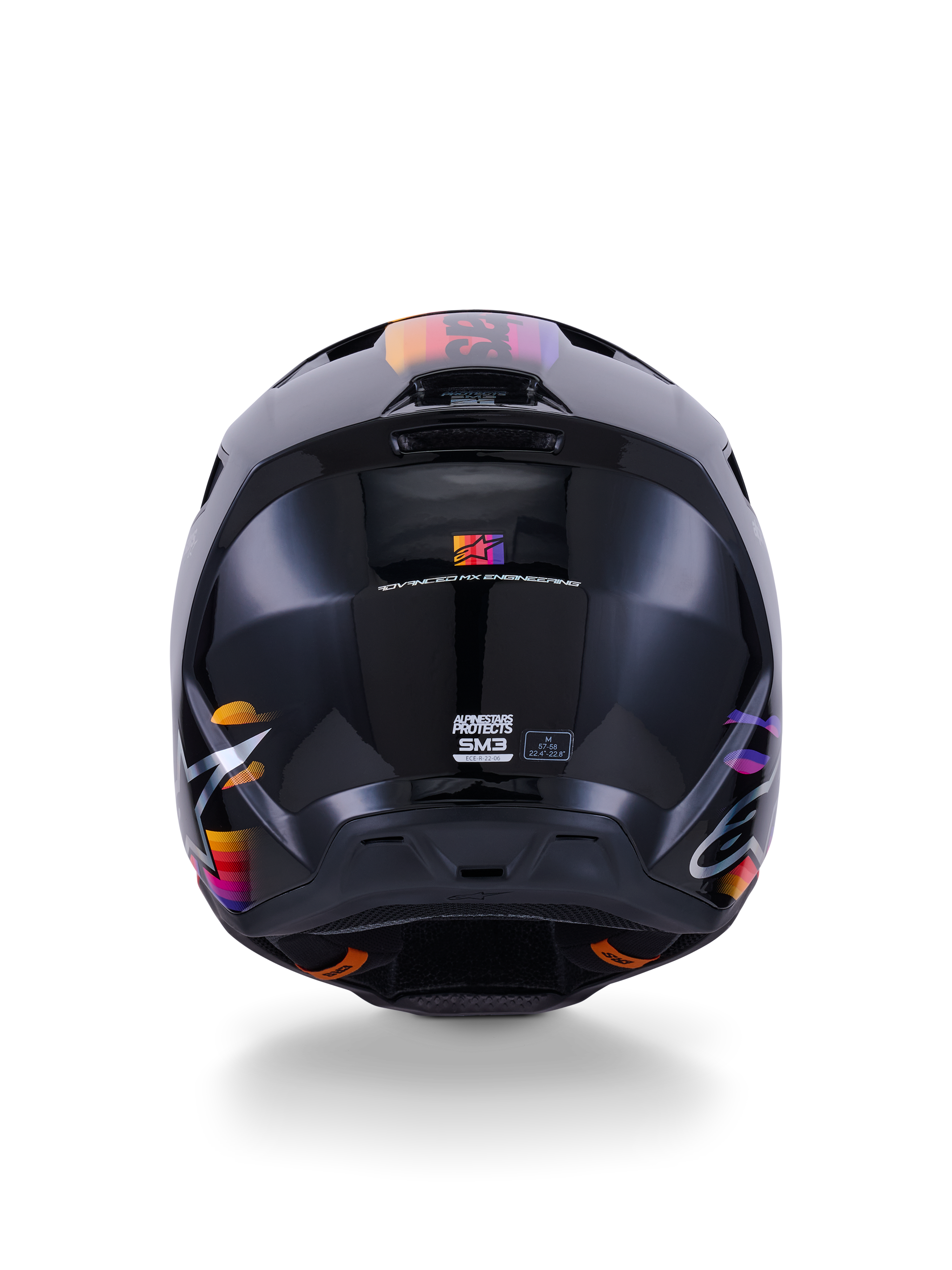 Alpinestars S-M3 Force OCD Helm, Schwarz glänzender Motocross-Helm, Rückansicht, mit leuchtenden Grafiken in Orange, Pink und Lila, ECE 22.06 Zertifizierungszeichen, aerodynamisches thermo-injiziertes Schalendesign