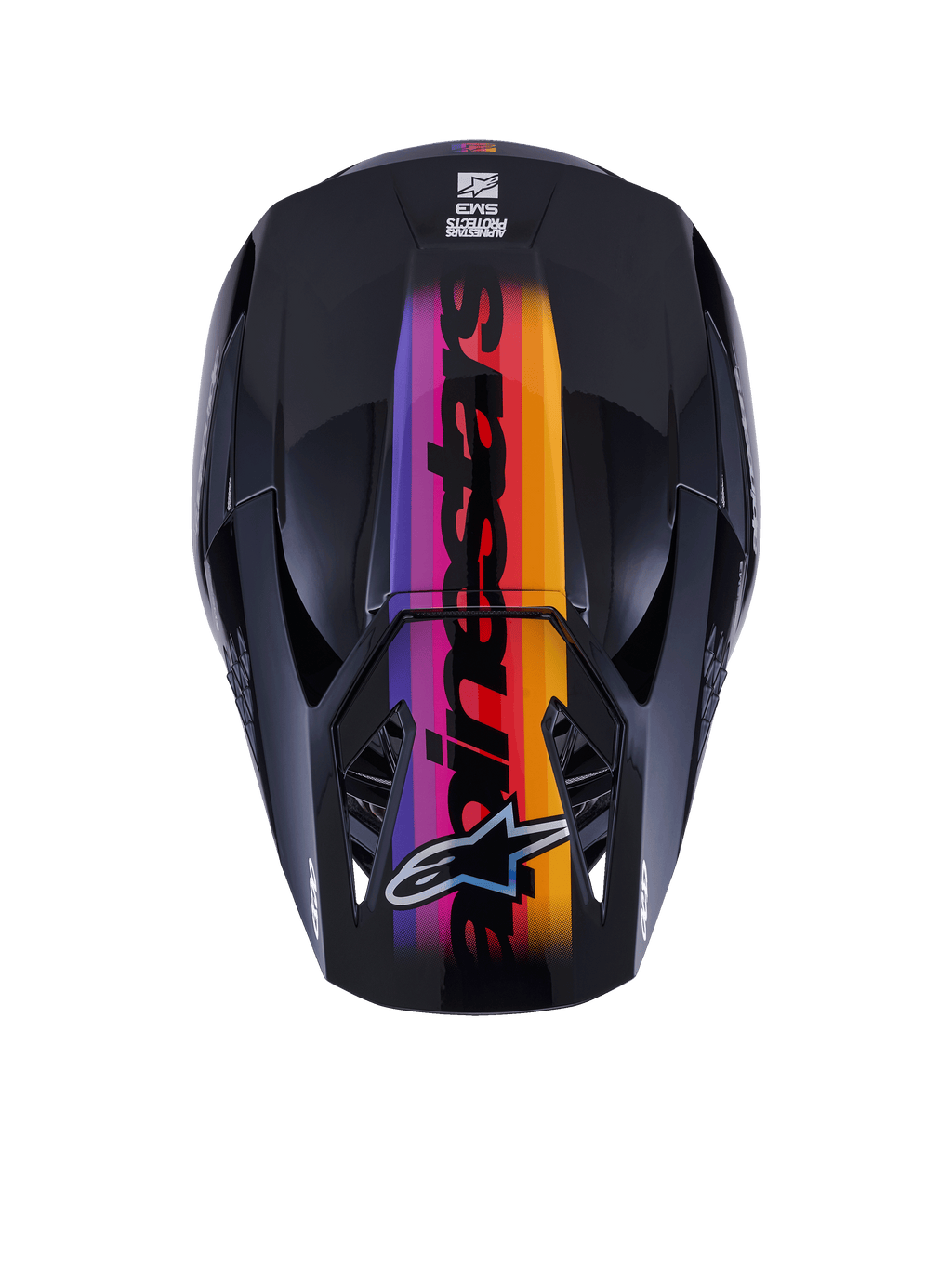 Alpinestars S-M3 Force OCD Helm, Motocross-Helm, Draufsicht, Glänzendes Schwarz mit leuchtendem Farbverlauf-Streifen in Violett, Pink, Rot, Orange und Gelb, mit markantem Alpinestars-Branding und Logo, entwickelt für Offroad-Performance