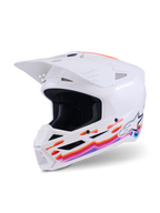 Alpinestars S-M3 Force OCD Helm, Motocross-Helm, Weiß Glänzend mit leuchtend orangefarbenen, pinkfarbenen und blauen Wellengrafiken, mit weißem Visier und Alpinestars-Logo, professioneller Offroad-Kopfschutz
