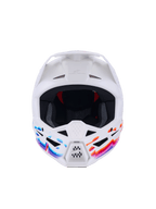 Alpinestars S-M3 Force OCD Helm, Motocross-Helm, Weiß glänzend mit lebhaften blauen, pinken und orangefarbenen wellenförmigen Grafiken, Frontansicht mit Belüftungsöffnungen und weißem Visier, professioneller Kopfschutz für den Offroad-Einsatz