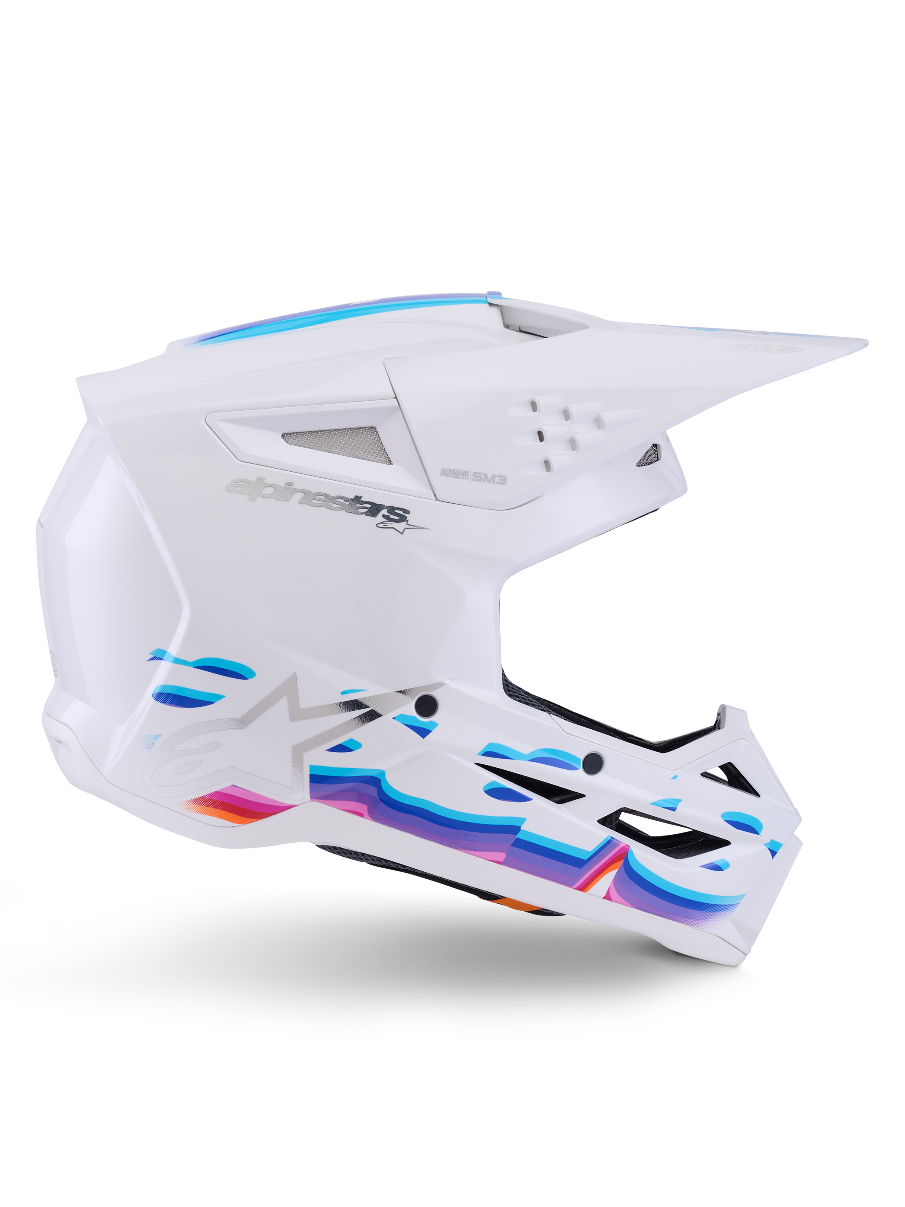 Alpinestars S-M3 Force OCD Helm, Weiß Glänzend, Motocross-Helm mit lebhaften blauen, lila und orangefarbenen Wellengrafiken, Seitenprofil mit aerodynamischem Visier und mehreren Belüftungsöffnungen.