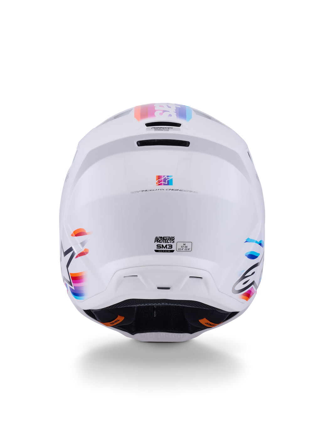 Alpinestars S-M3 Force OCD Helm, Motocross-Helm, Weiß Glänzend, Rückansicht mit mehrfarbigen Streifenakzenten in Blau, Orange und Pink, schlanke thermoinjizierte Schale mit Belüftungsöffnungen und Alpinestars-Branding, professioneller Kopfschutz für Offroad-Fahrten