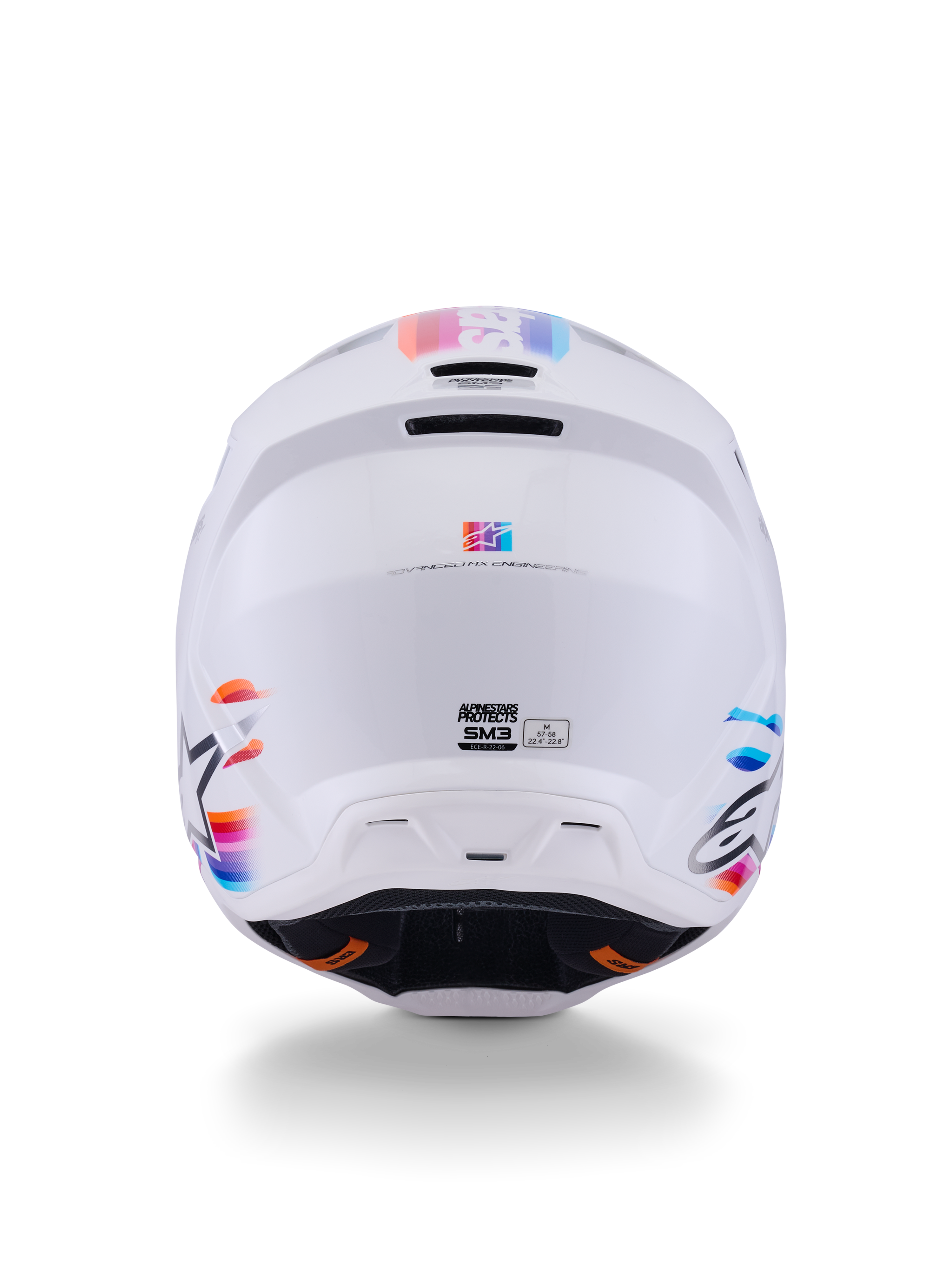 Alpinestars S-M3 Force OCD Helm, Motocross-Helm, Weiß Glänzend, Rückansicht mit mehrfarbigen Streifenakzenten in Blau, Orange und Pink, schlanke thermoinjizierte Schale mit Belüftungsöffnungen und Alpinestars-Branding, professioneller Kopfschutz für Offroad-Fahrten